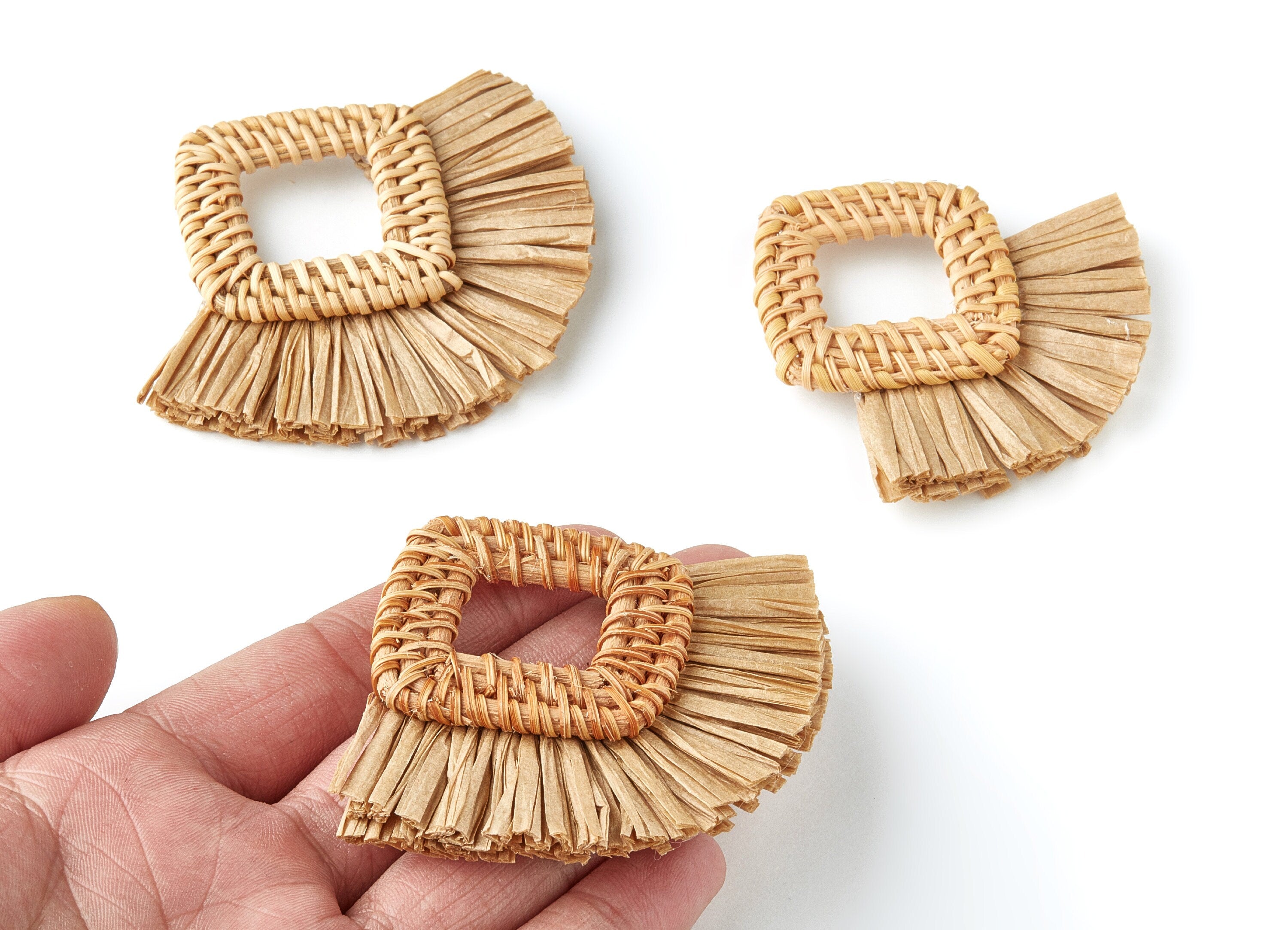 Handwoven Rattan with Raffia Tassels Charms - Square Shaped Rattan Pendant With Straw - Wooden Straw Earring - 66.4x67.7x6mm - RT1162 - DOMEDBAZAAR