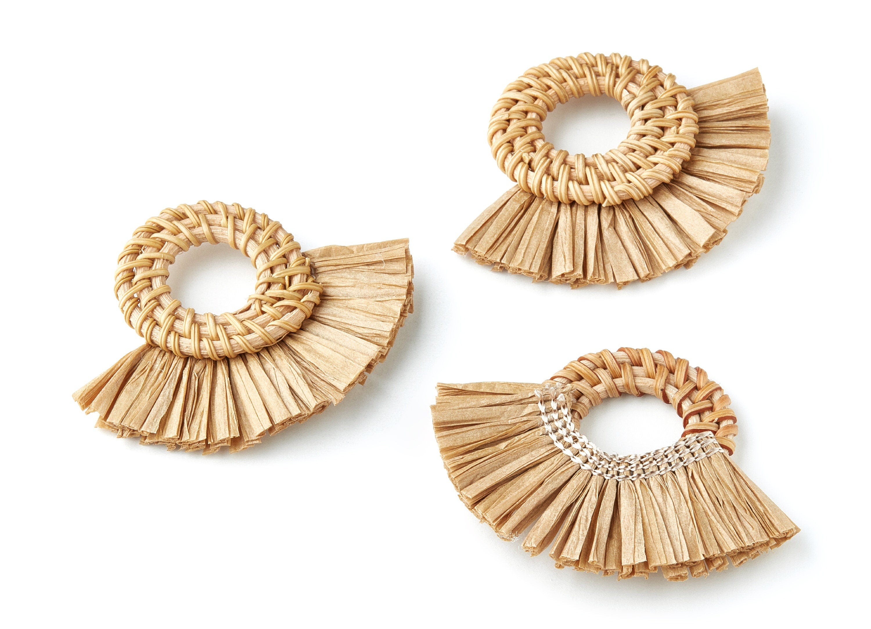 Handwoven Rattan with Raffia Tassels Charms - Round Shaped Rattan Pendant With Straw - Wooden Straw Earring - 58.3x75.9x6mm - RT1156 - DOMEDBAZAAR