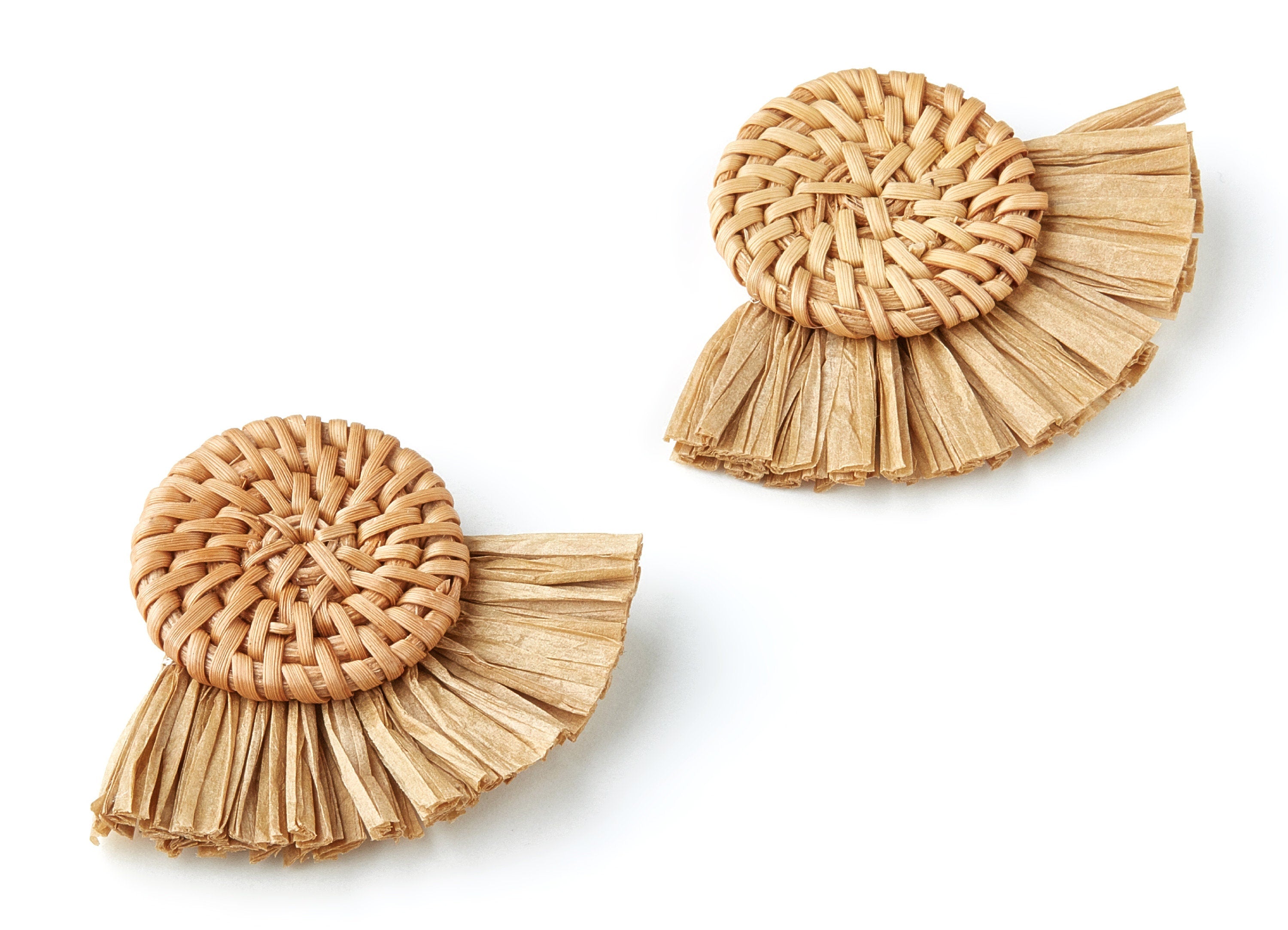 Handwoven Rattan with Raffia Tassels Charms - Coin Shaped Rattan Pendant With Straw - Wooden Straw Earring - 46.2x60x6mm - RT1154 - DOMEDBAZAAR