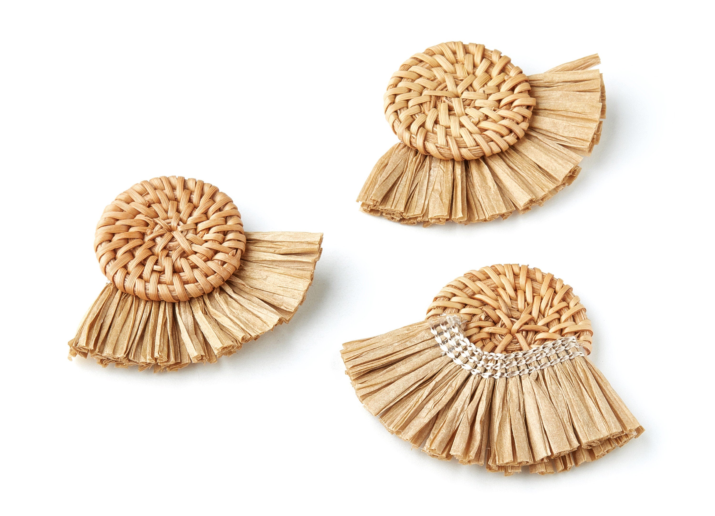 Handwoven Rattan with Raffia Tassels Charms - Coin Shaped Rattan Pendant With Straw - Wooden Straw Earring - 46.2x60x6mm - RT1154 - DOMEDBAZAAR