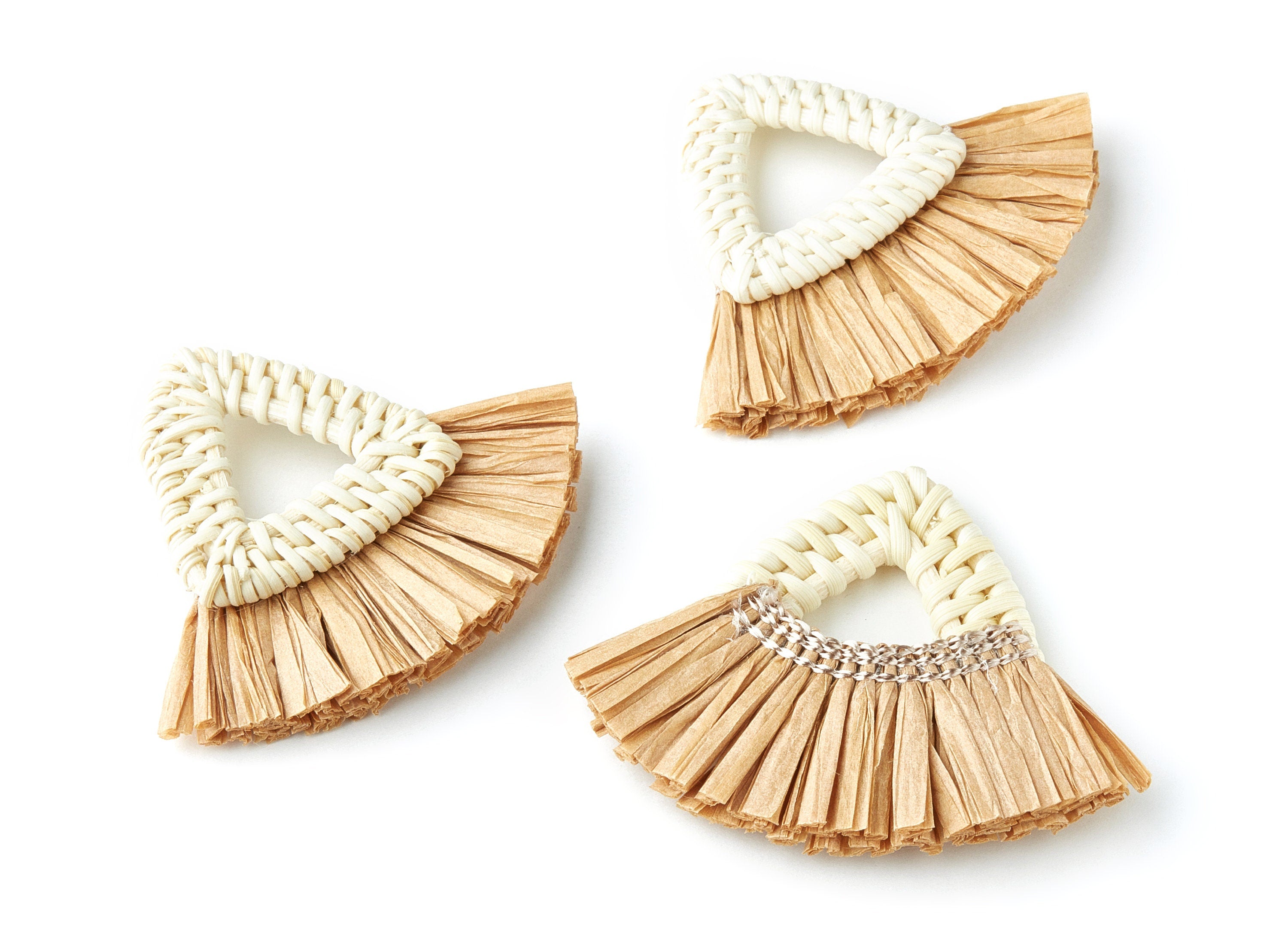 Handwoven Rattan with Raffia Tassels Charms - Triangle Shaped Rattan Pendant - Wooden Straw Earring - 58.4x70.4x6mm - RT1157 - DOMEDBAZAAR