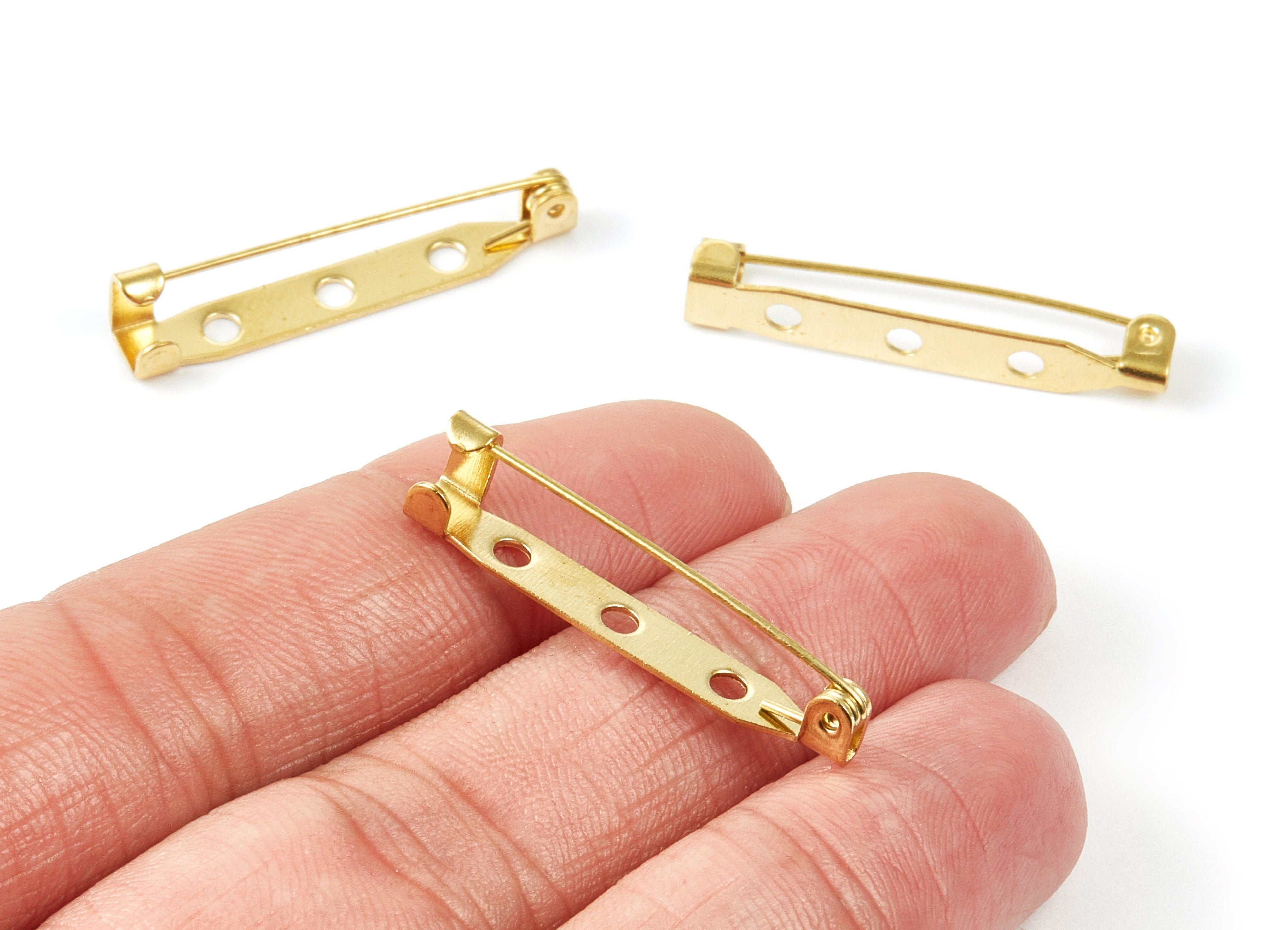 Brass Brooch Pins - Raw Brass Pins With 3 Holes - Jewelry Making - 31.89x5.33mm - PP1554 - DOMEDBAZAAR