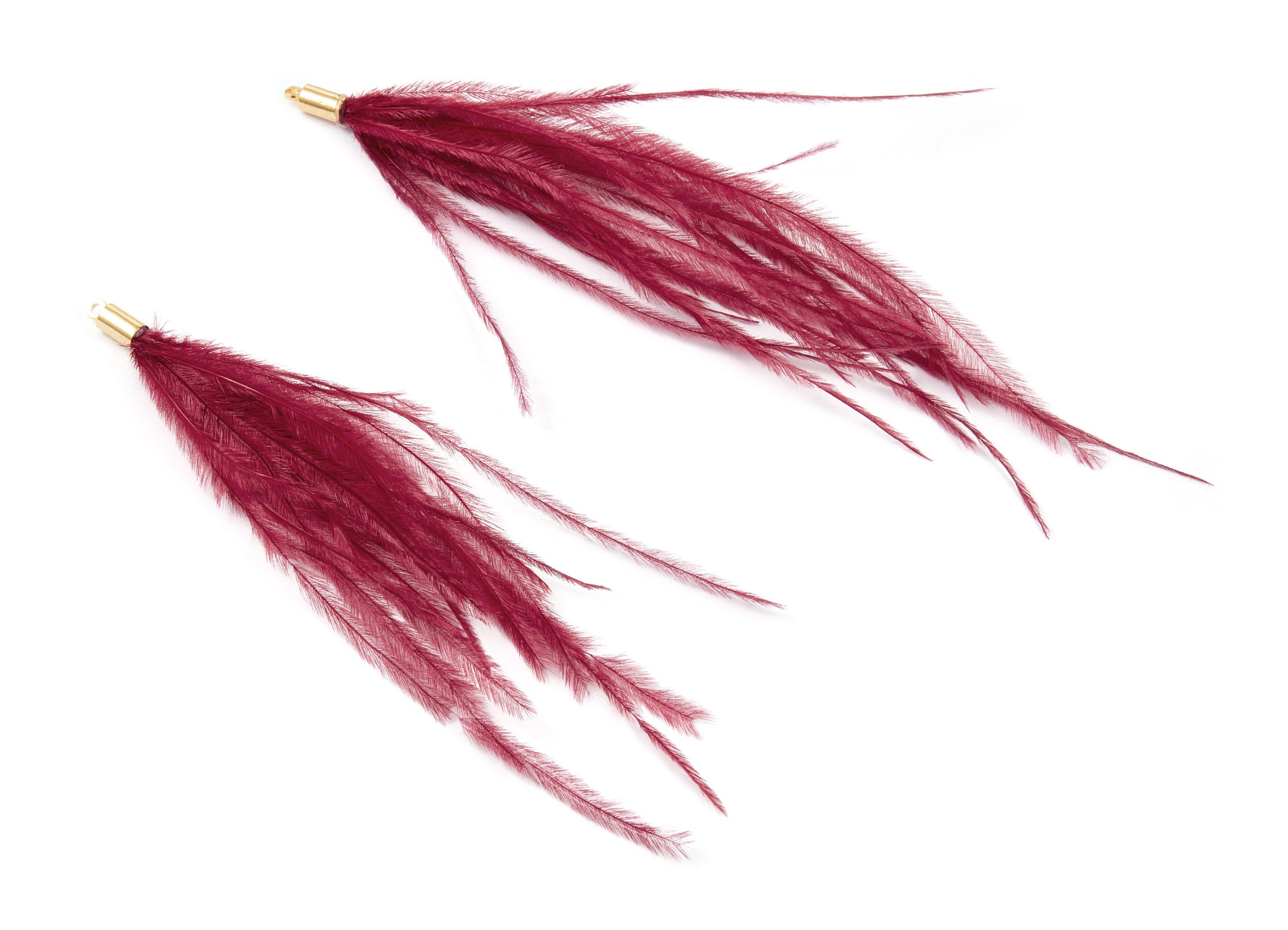 Natural Ostrich Feather Earrings - 18K Real Gold Plated Brass - Teassel Earrings - Bordeaux Feather - Jewelry Making - 15x4x4mm - RGP1002E - DOMEDBAZAAR