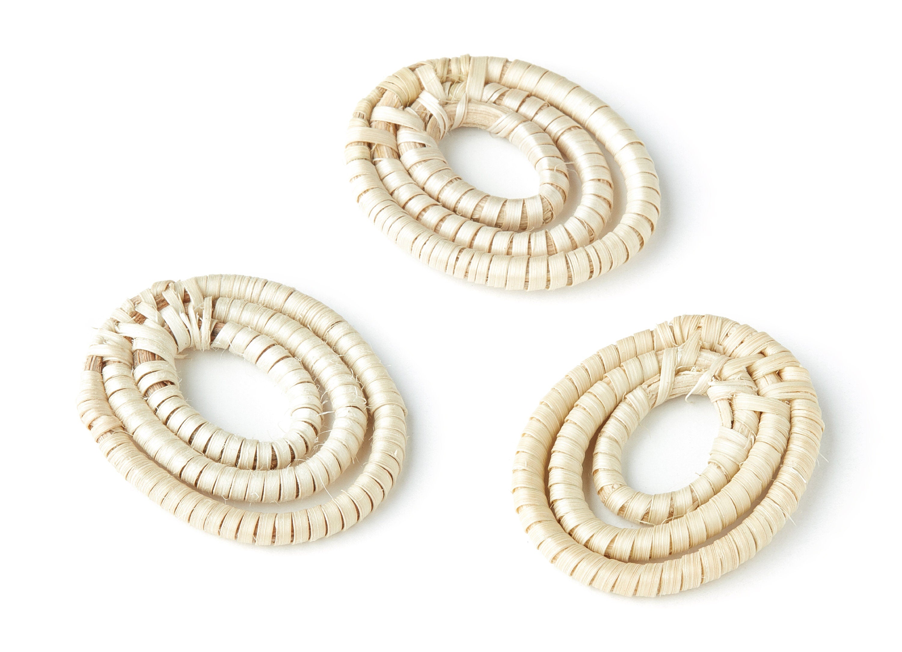 Handwoven Rattan Earrings - Oval Shaped Rope Pendants - Wooden Straw Earring - Jewelery Handmade - 41.5x30.3x5.1mm - RT1106 - DOMEDBAZAAR