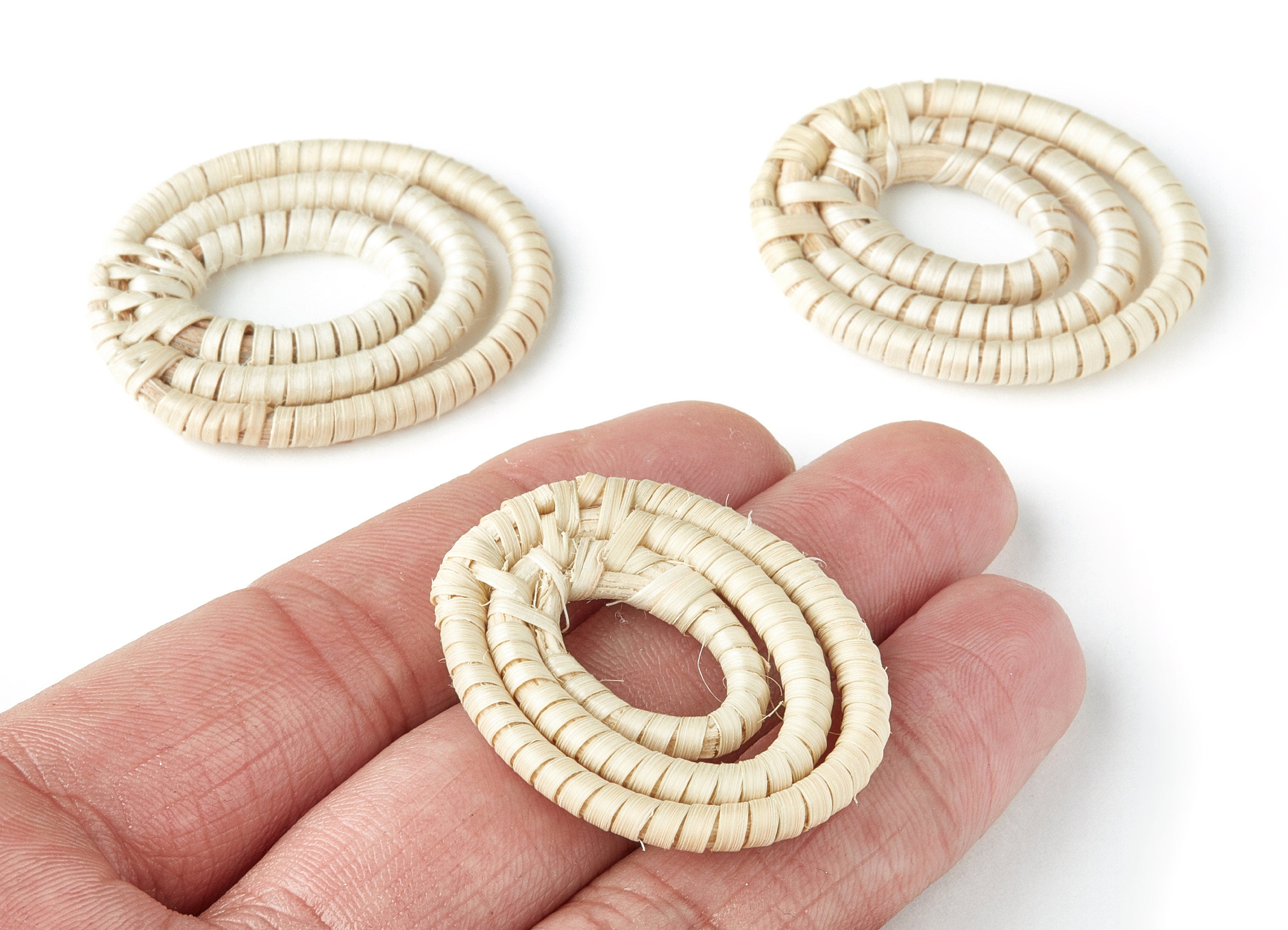 Handwoven Rattan Earrings - Oval Shaped Rope Pendants - Wooden Straw Earring - Jewelery Handmade - 41.5x30.3x5.1mm - RT1106 - DOMEDBAZAAR