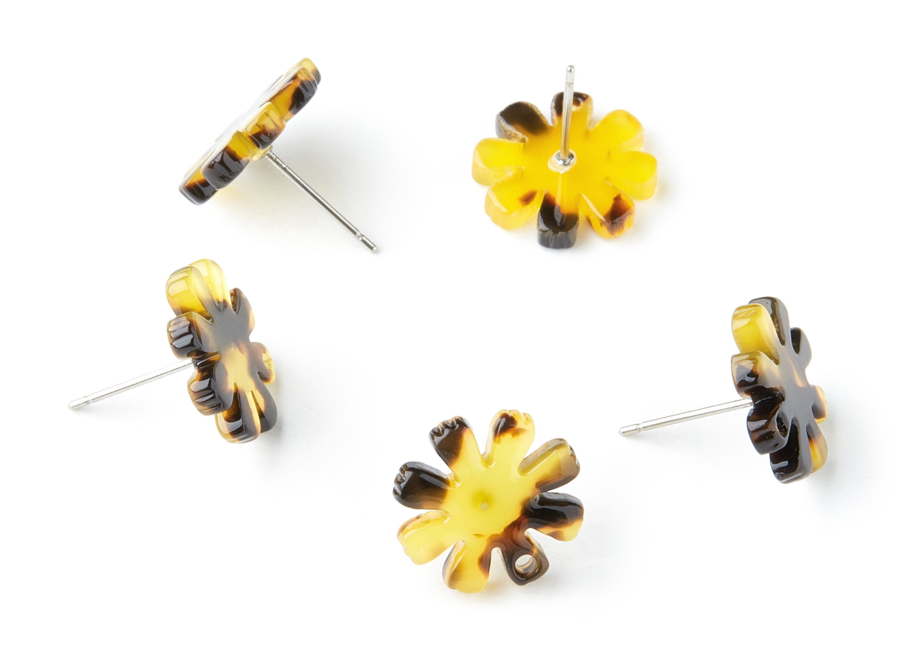 Acetate Acrylic Earring Charms - Tortoise Shell Stud Earrings - 1 Hole - Flower Shaped - Color Code:A02 - 14.48x14.04x2.65mm - AC1335F - DOMEDBAZAAR