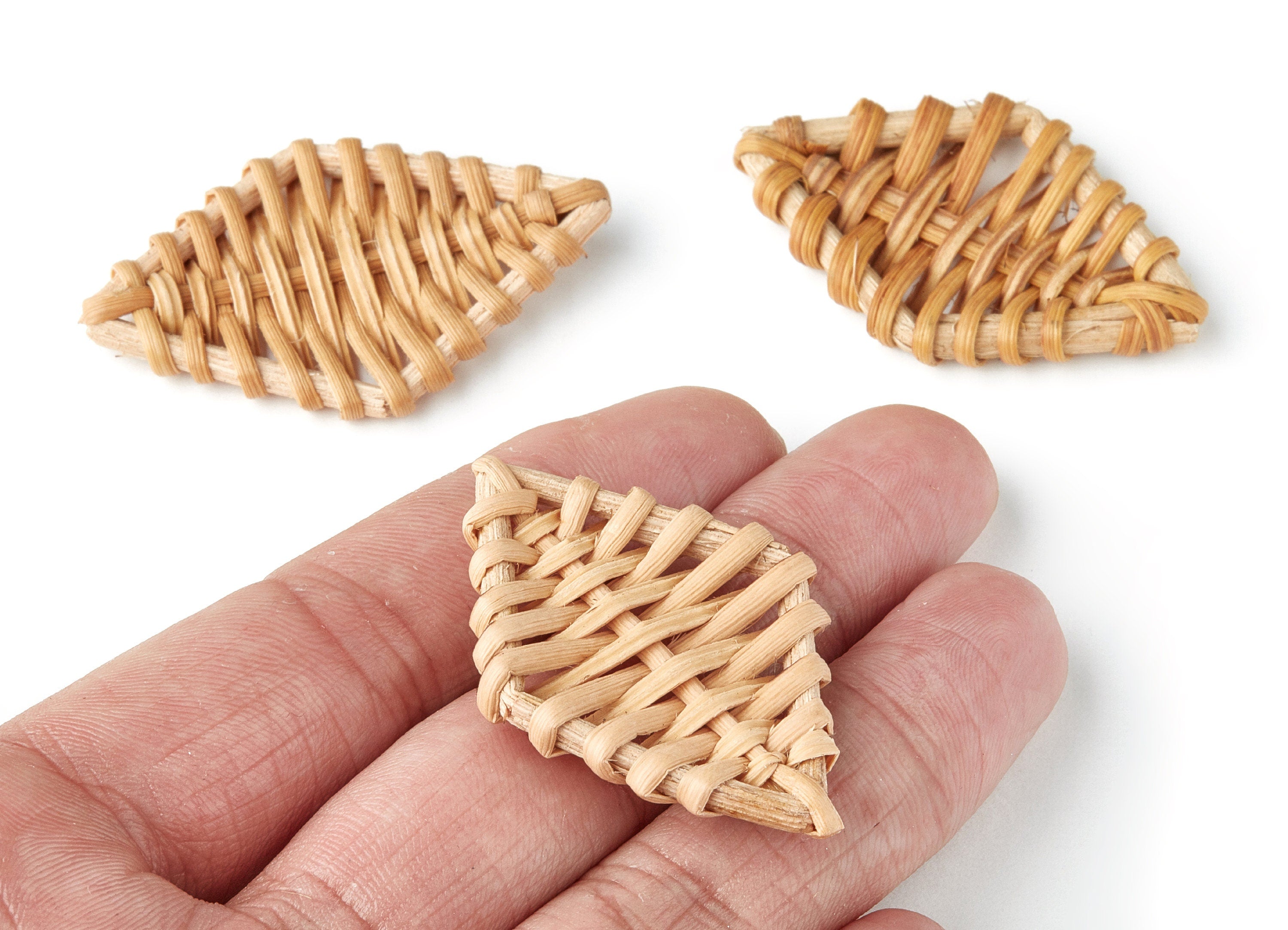 Handwoven Rattan Earrings - Rhombus Shaped Rattan Pendant - Wooden Straw Earring - Jewelery Handmade - 45x29x3.7mm - RT1094 - DOMEDBAZAAR