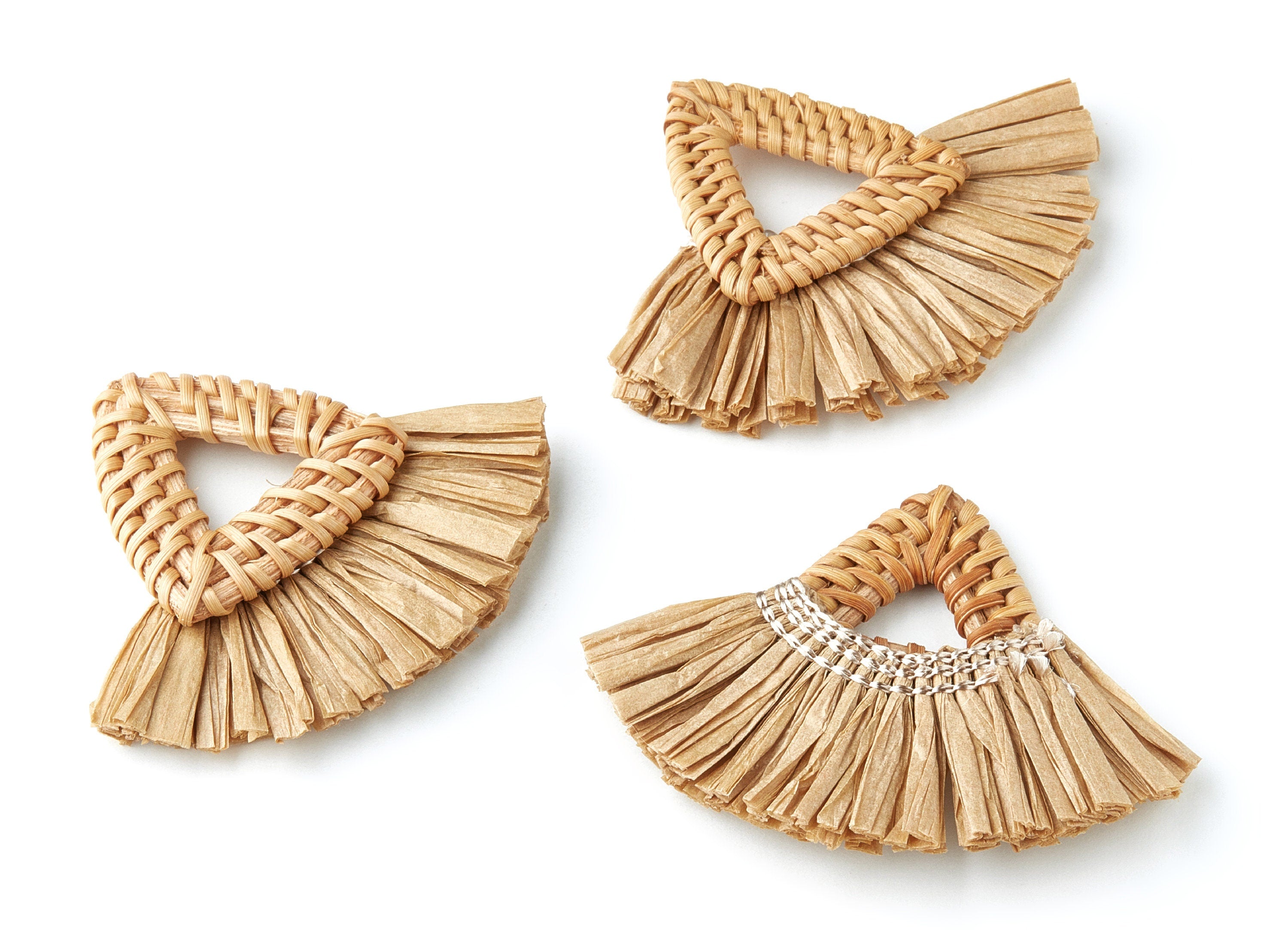 Handwoven Rattan with Raffia Tassels Charms - Triangle Shaped Rattan Pendant - Wooden Straw Earring - 58.4x70.4x6mm- RT1158 - DOMEDBAZAAR