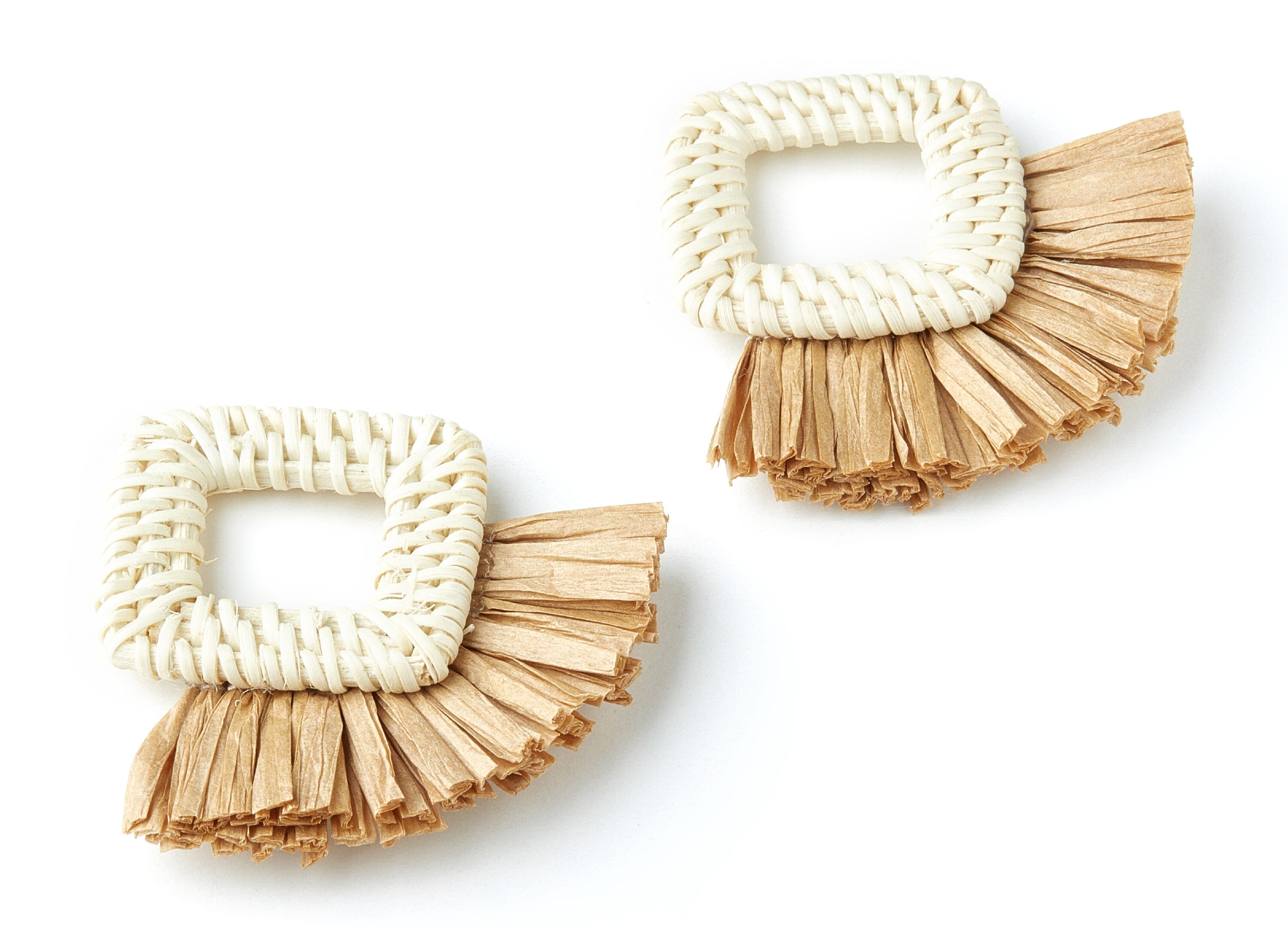 Handwoven Rattan with Raffia Tassels Charms - Square Shaped Rattan Pendant With Straw - Wooden Straw Earring - 66.4x67.7x6mm - RT1161 - DOMEDBAZAAR