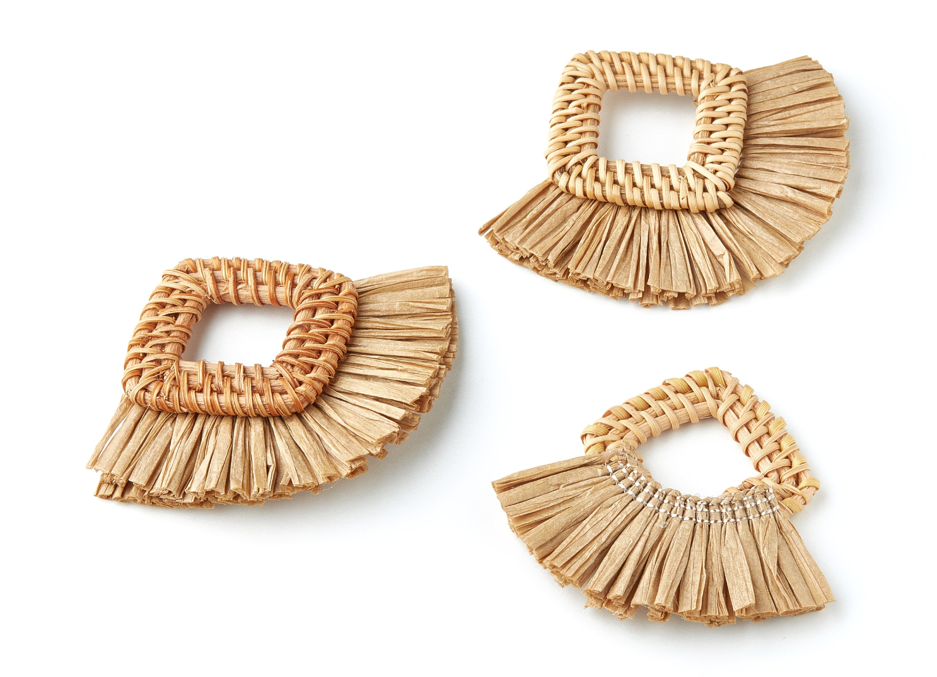 Handwoven Rattan with Raffia Tassels Charms - Square Shaped Rattan Pendant With Straw - Wooden Straw Earring - 66.4x67.7x6mm - RT1162 - DOMEDBAZAAR