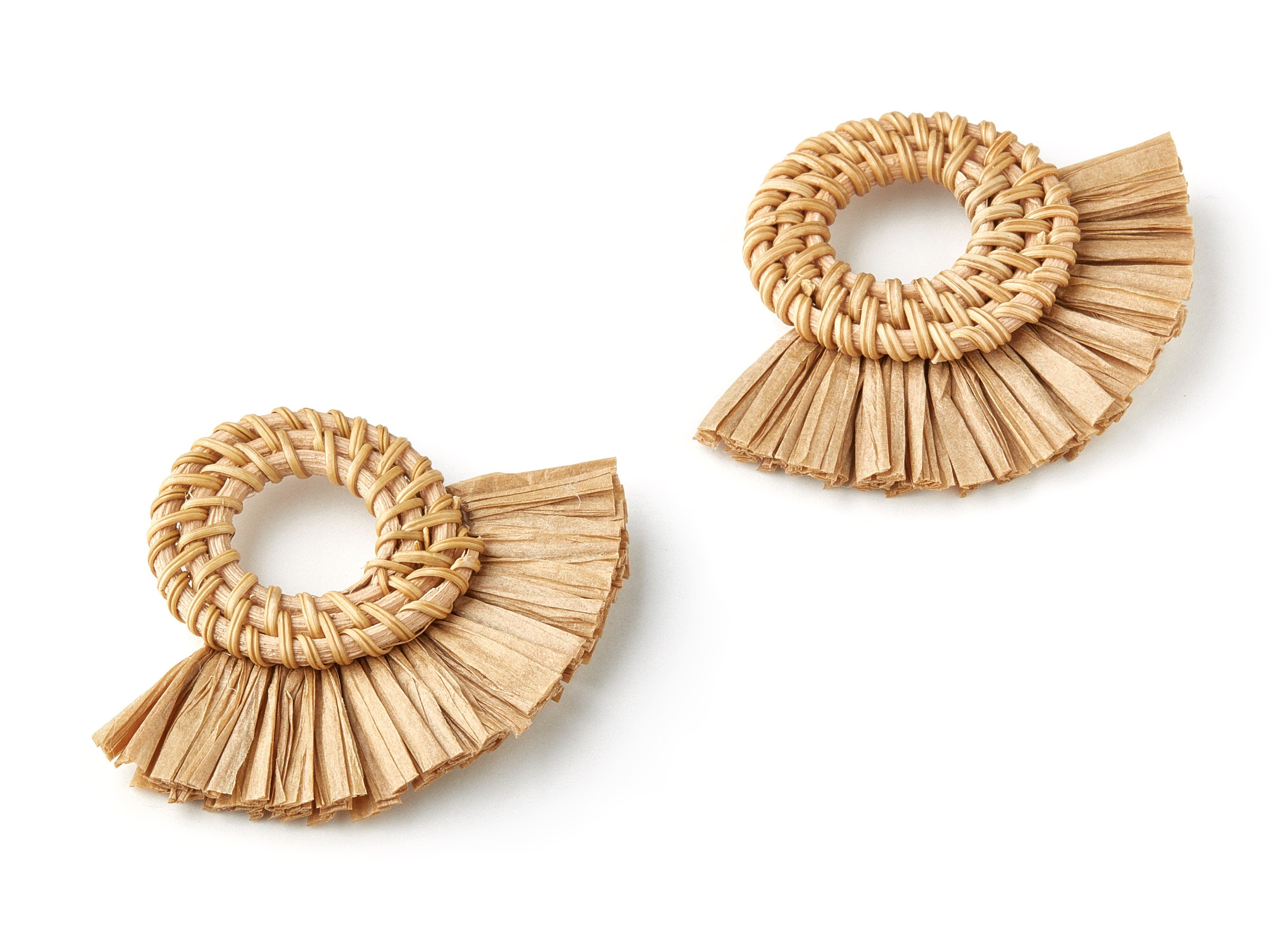 Handwoven Rattan with Raffia Tassels Charms - Round Shaped Rattan Pendant With Straw - Wooden Straw Earring - 58.3x75.9x6mm - RT1156 - DOMEDBAZAAR