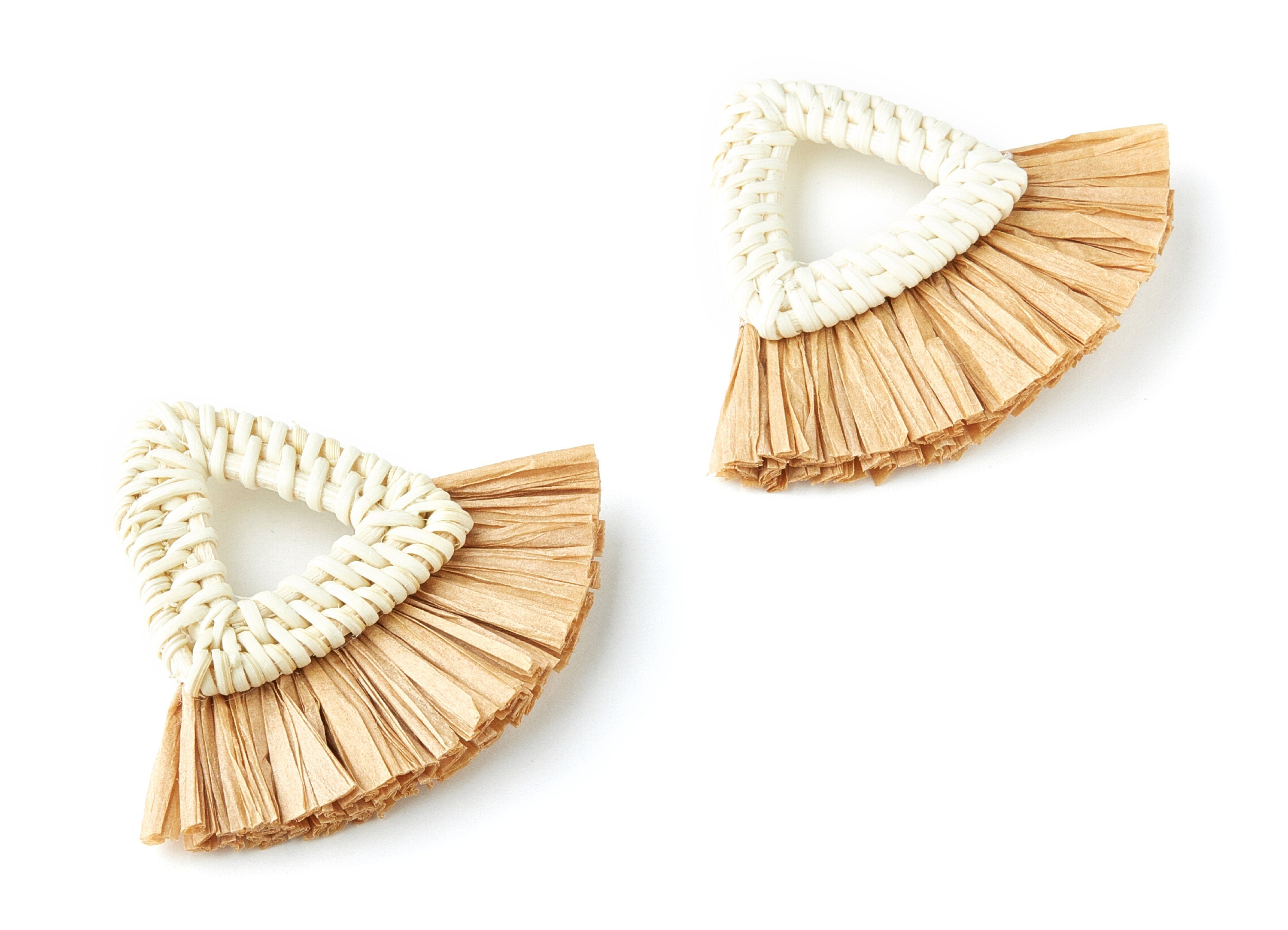 Handwoven Rattan with Raffia Tassels Charms - Triangle Shaped Rattan Pendant - Wooden Straw Earring - 58.4x70.4x6mm - RT1157 - DOMEDBAZAAR