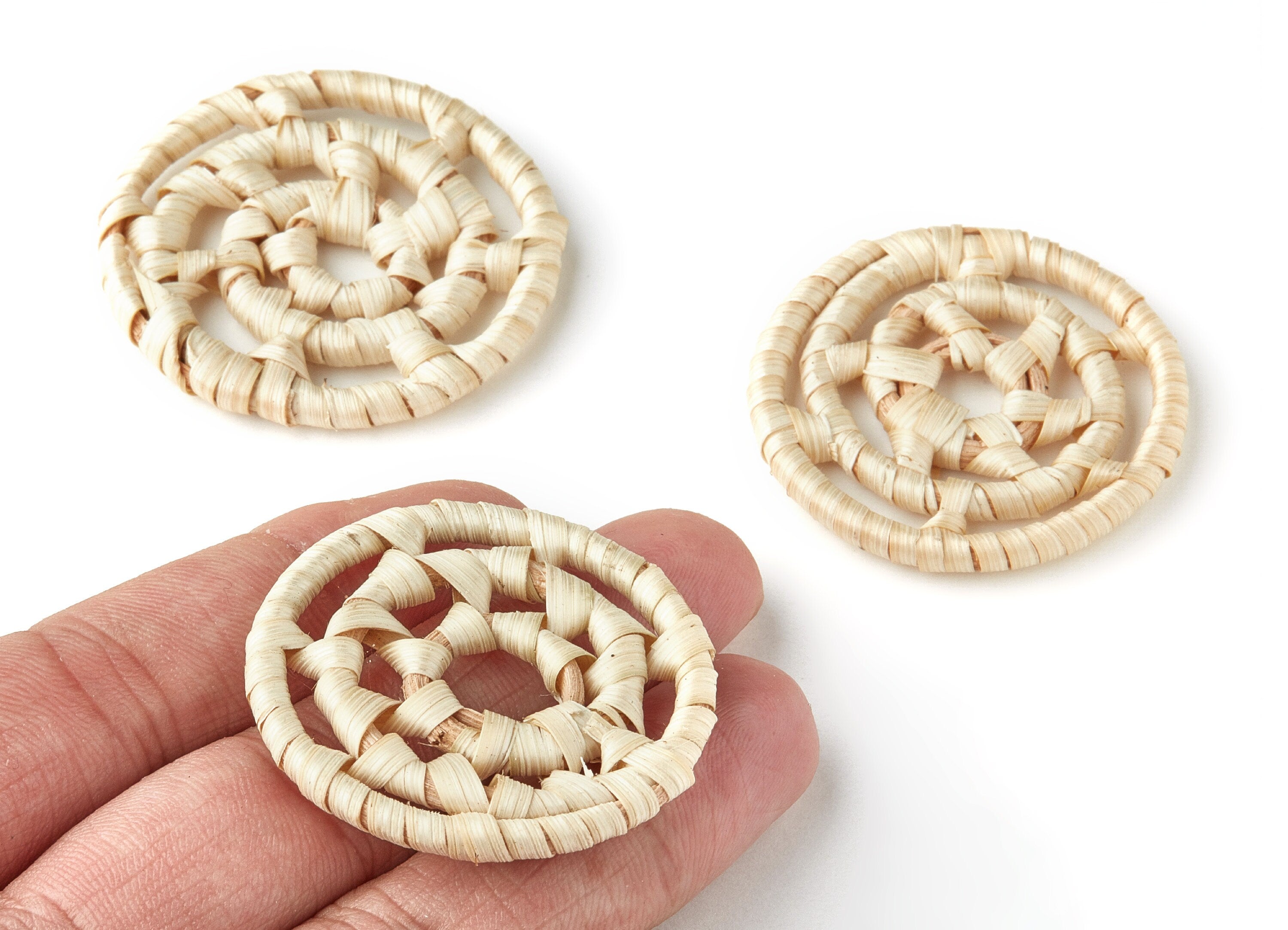 Handwoven Rattan Earrings - Round Shaped Rattan Pendant - Wooden Straw Earring - Jewelery Handmade - 40.9x42.6x5mm - RT1163 - DOMEDBAZAAR