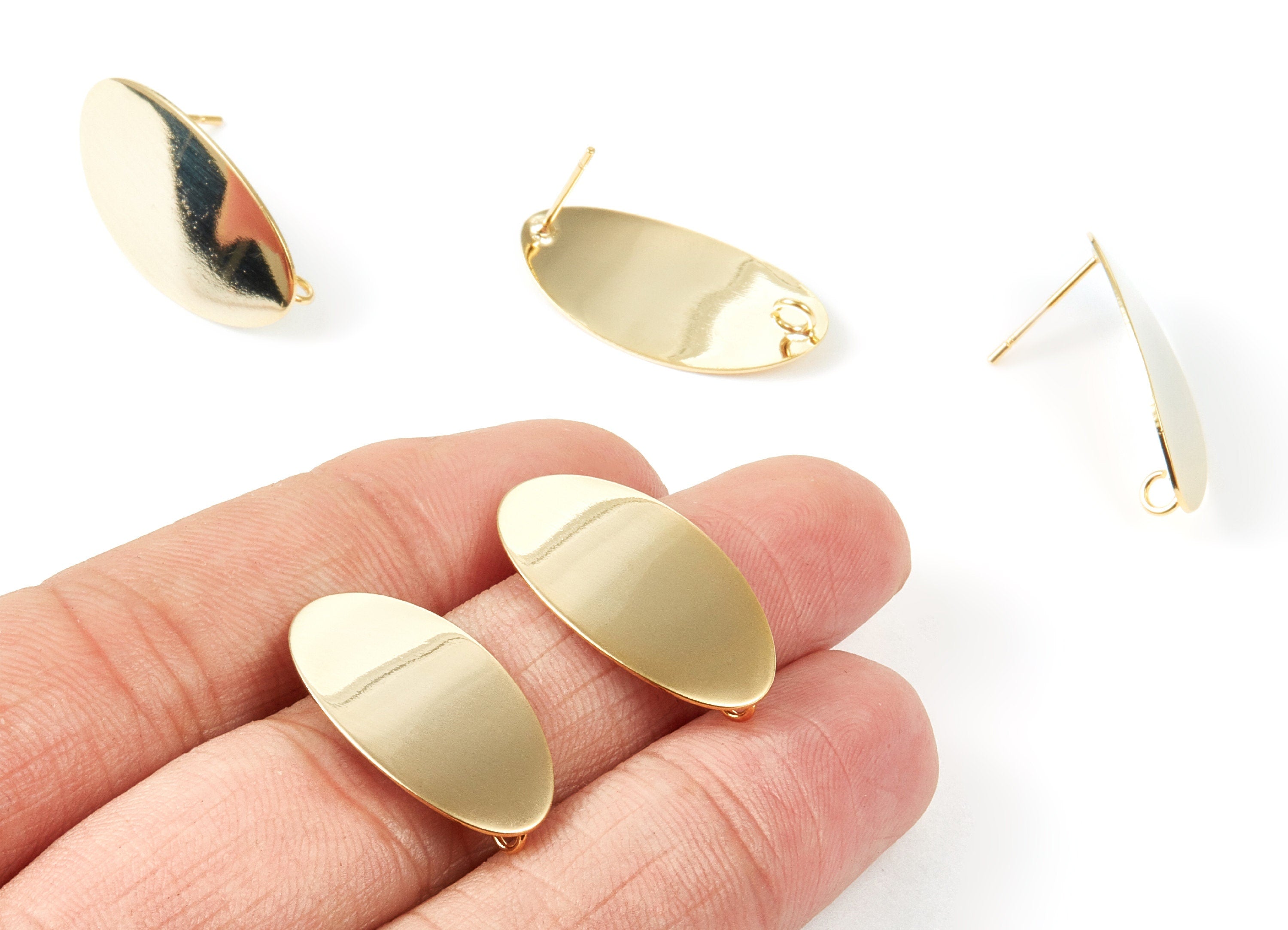 18K Real Gold Plated Brass Post Stud - Gold Plated Brass Earrings With 1 Hole - Oval Shaped Earrings - 26.12x13.72x0.64mm -  RGP1018 - DOMEDBAZAAR