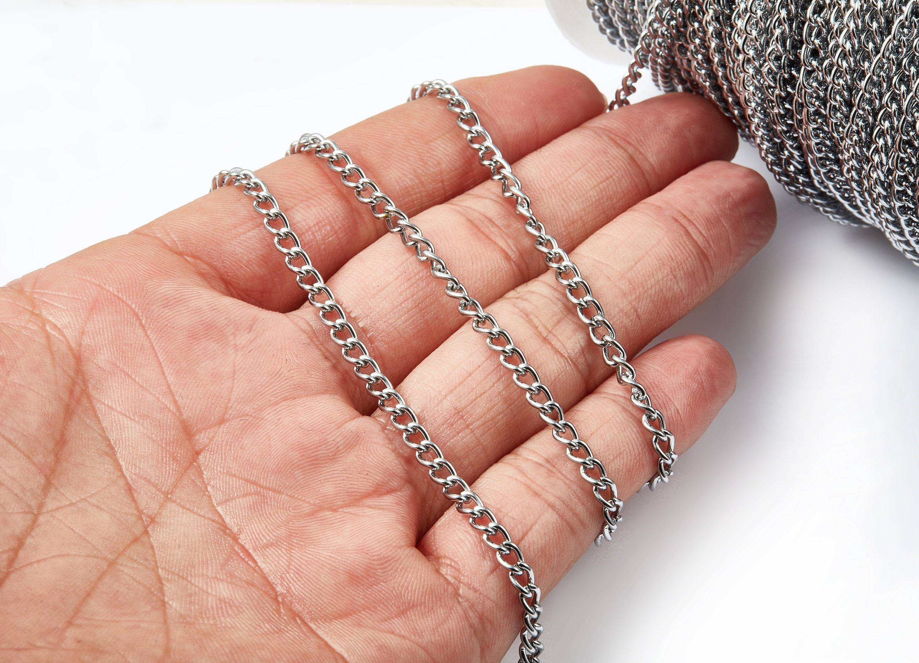 Curb Chain - Iron Military Chain - Silver Tone Plated - Keychain - Unsoldered Link - for Jewelry Making - 0.20&quot; x 0.14&quot; x 0.04&quot; - CC1056 - DOMEDBAZAAR