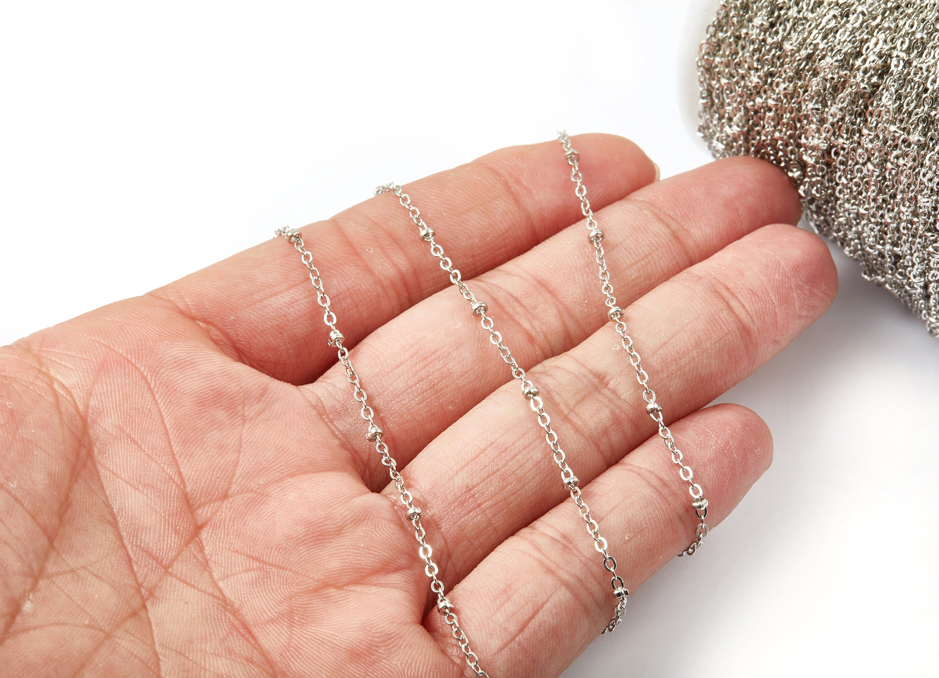 Ball Satellite Flat Cable Chain -Silver Tone Plated Chain - Iron - Soldered - 0.08&quot; x 0.06&quot; x 0.09&quot; - Necklace Jewellery Making - CC1093S - DOMEDBAZAAR