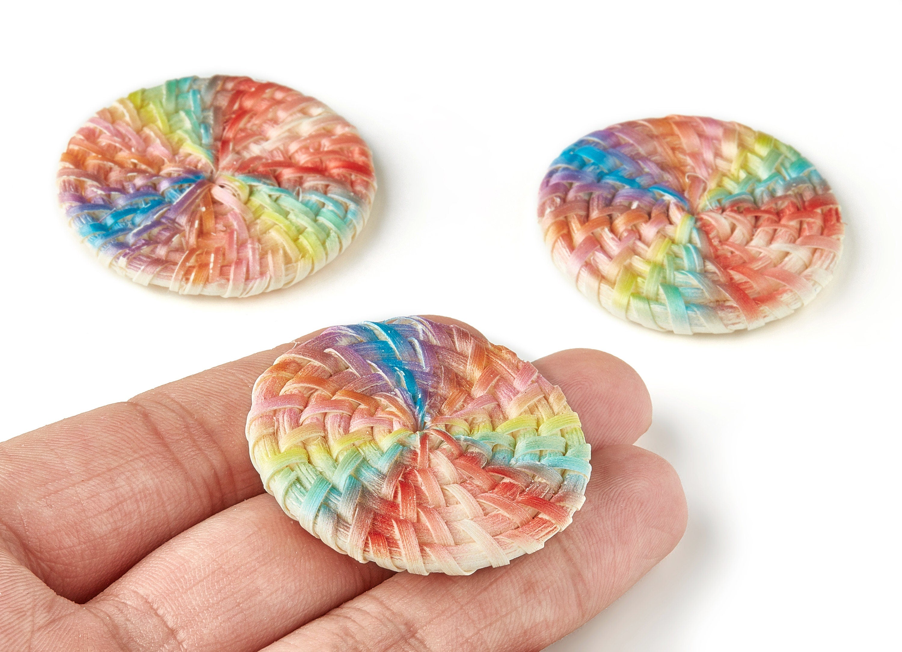 Handwoven Rattan Earrings - Round Shaped Rattan Pendant - Wooden Rainbow Pattern Earring - Jewelry Handmade - 40.01x40.01x4.4mm - RT1196 - DOMEDBAZAAR