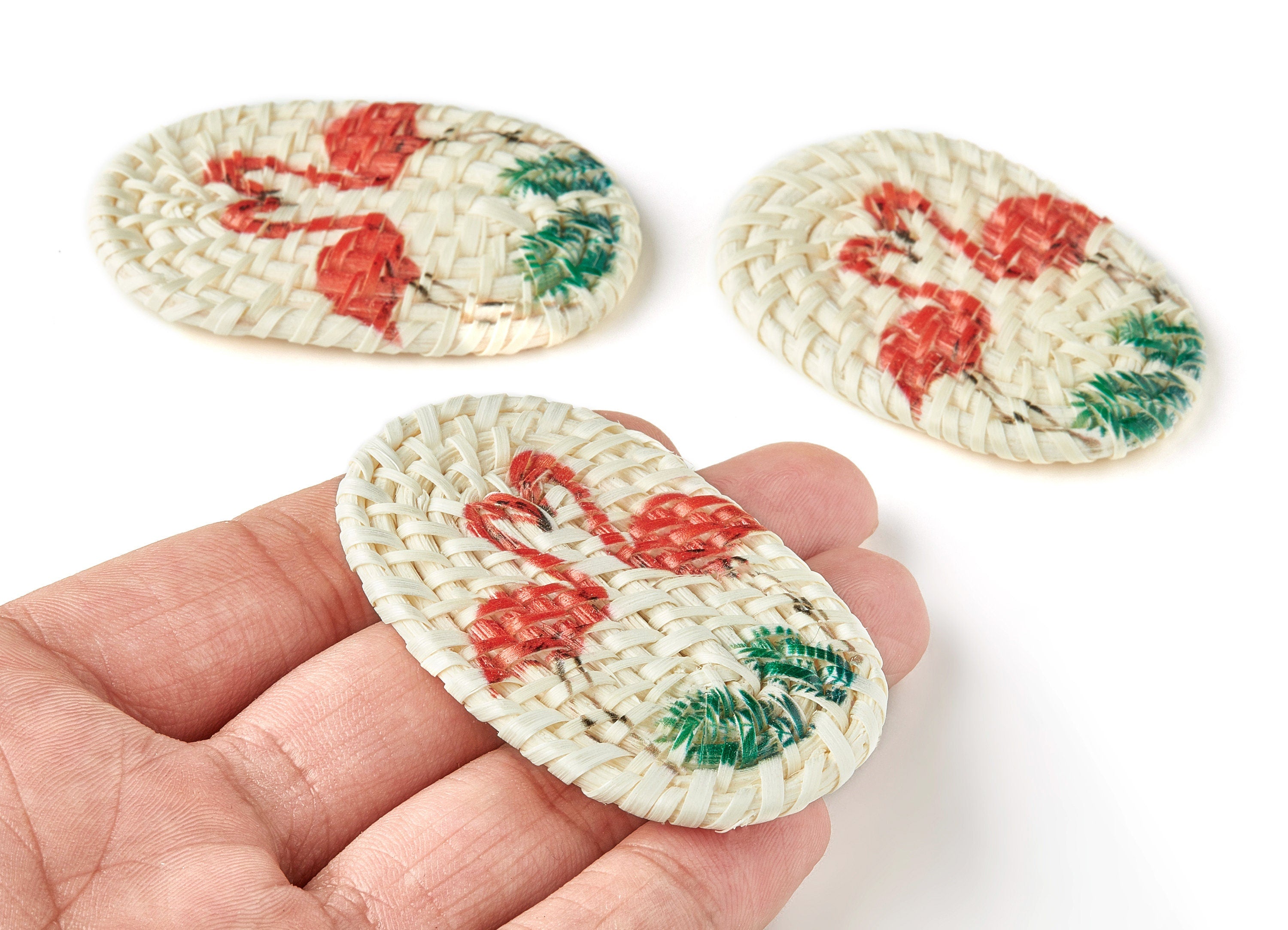 Handwoven Rattan Earrings - Oval Shaped Rattan Pendant - Wooden Flamingo Pattern Earrings - Jewelry Handmade - 61.03x38.46x4.23mm - RT1185 - DOMEDBAZAAR