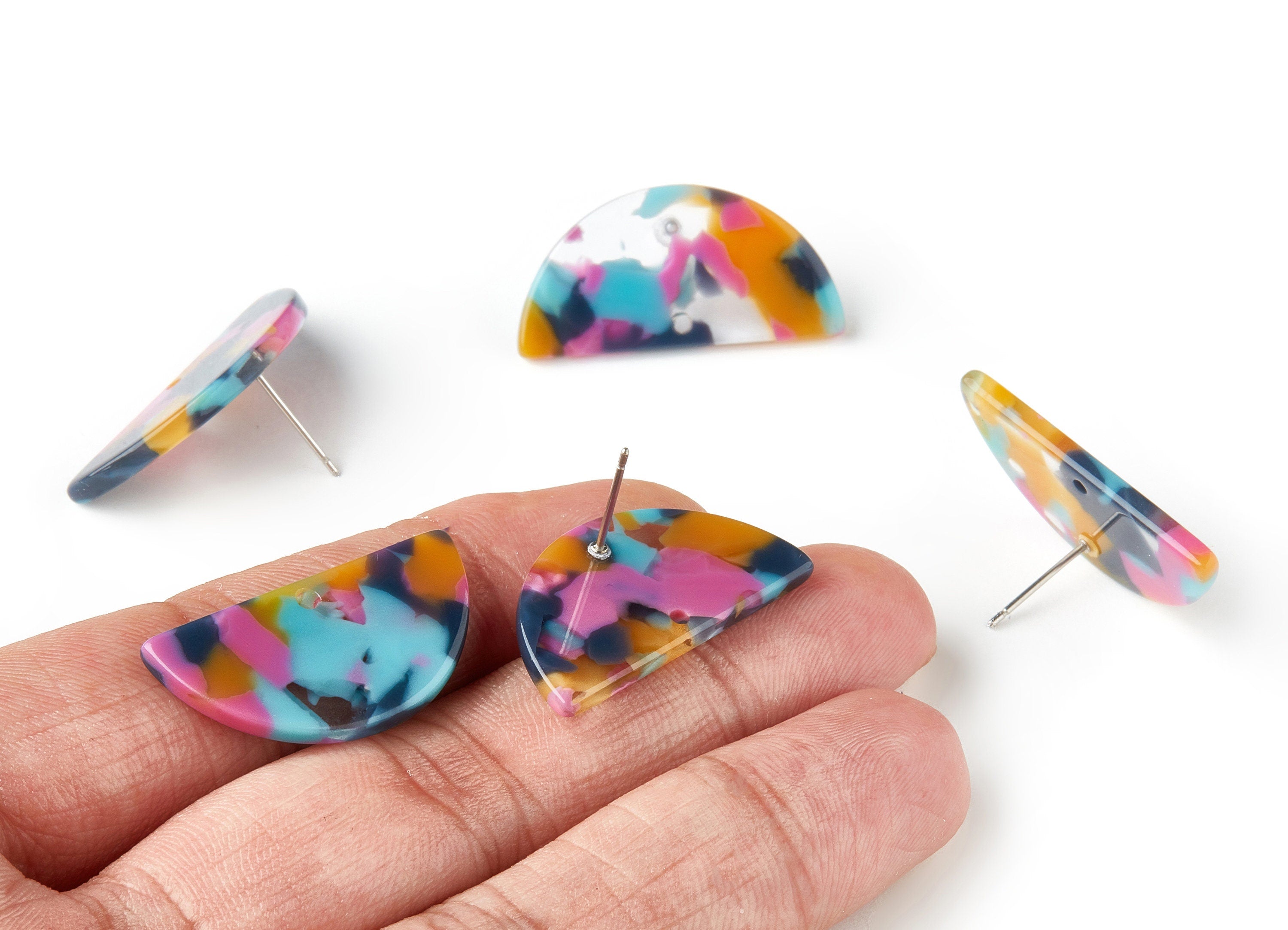 Acetate Acrylic Earring Stud - Post Charm - Tortoise Shell Earring - Semicircle Shaped - Color Code: A258 - 30.07x14.76x2.58mm - AC1593-A258 - DOMEDBAZAAR