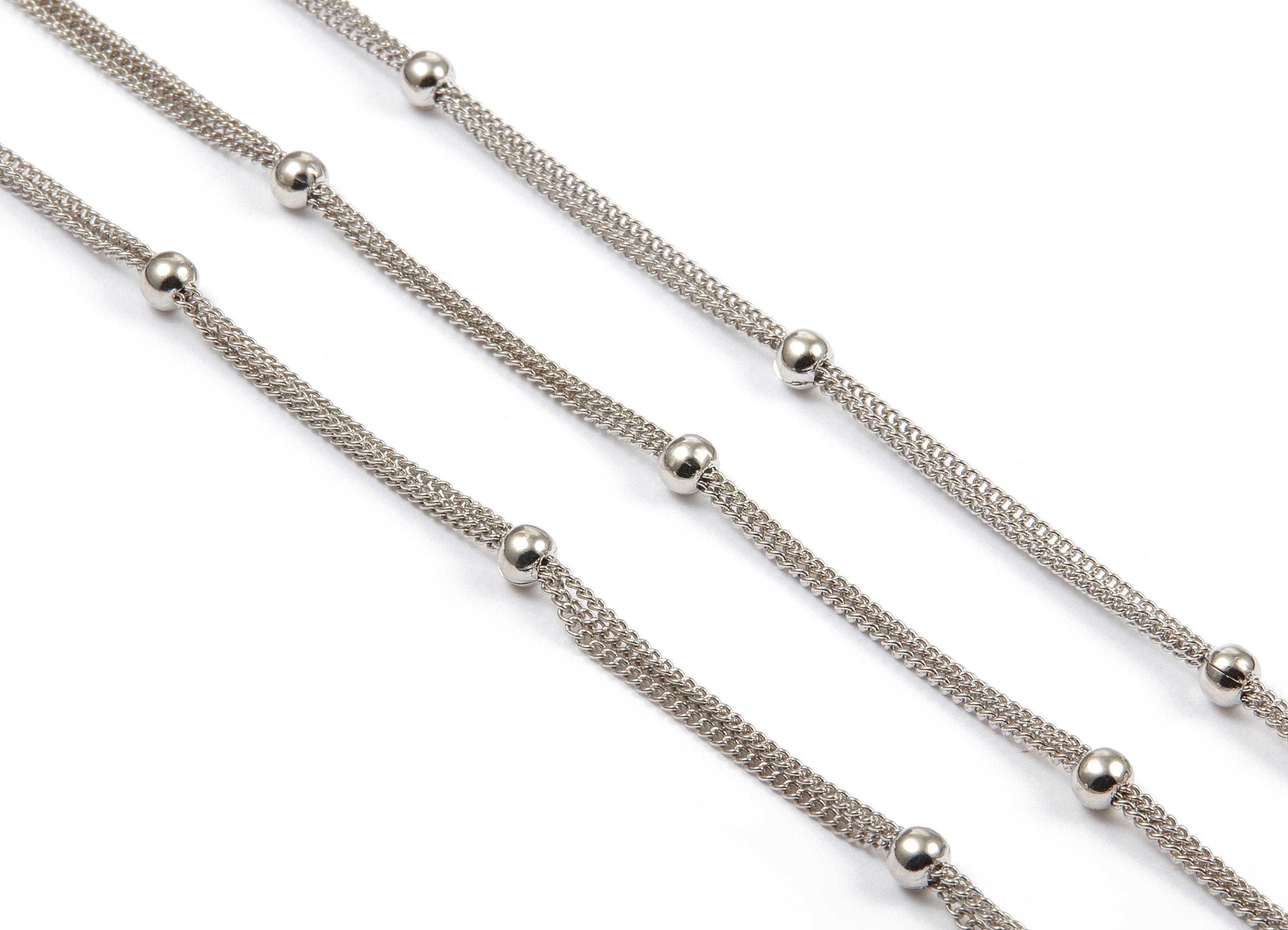 Ball Satellite Triple Curb Chain - Silver Tone Plated Iron Chain- Soldered - 0.08&quot; x 0.05&quot; x 0.16&quot; - for Necklace Jewellery Making - CC1110S - DOMEDBAZAAR