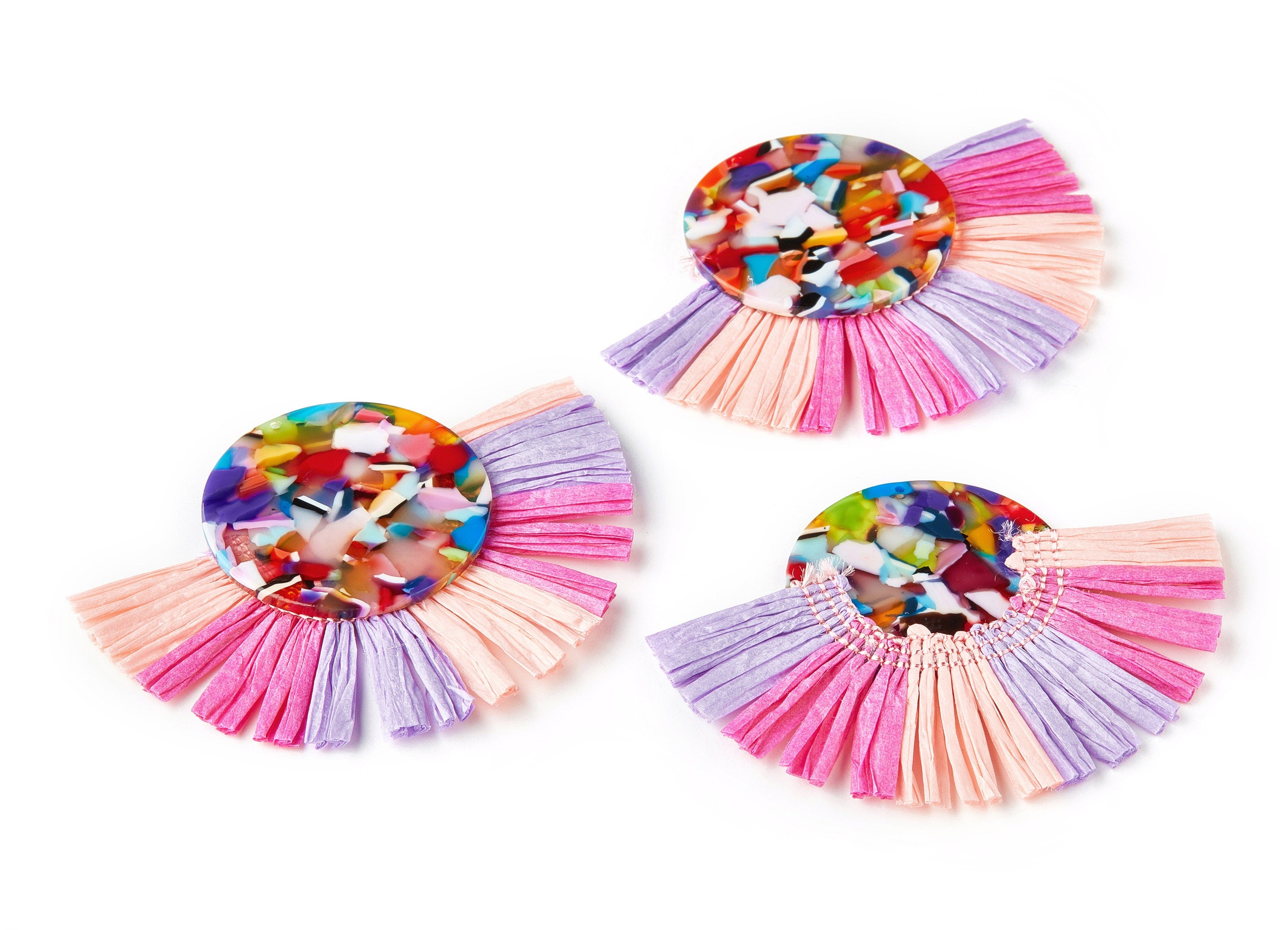 Acetate Acrylic Earring Charm with Single Layer Raffia - Tortoise Shell Earring - Tassels Fan - Color Code: A21 - 75x58x4mm - AC1671-A21 - DOMEDBAZAAR
