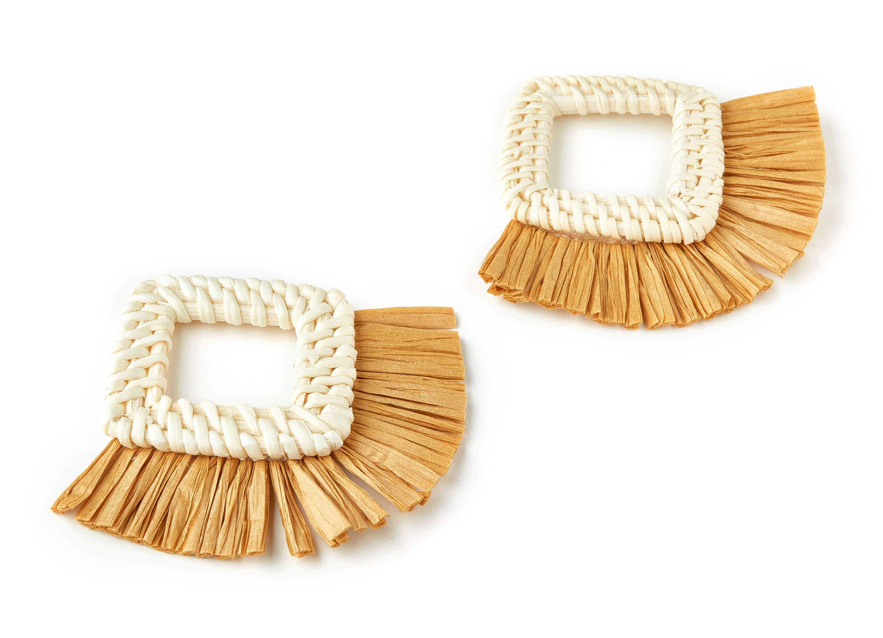 Handwoven Rattan with Raffia Tassels Charms - Square Earrings and Pendant With Fan Tassels - Woven Earrings - 88.47x68.78x6.17mm - RT1202 - DOMEDBAZAAR