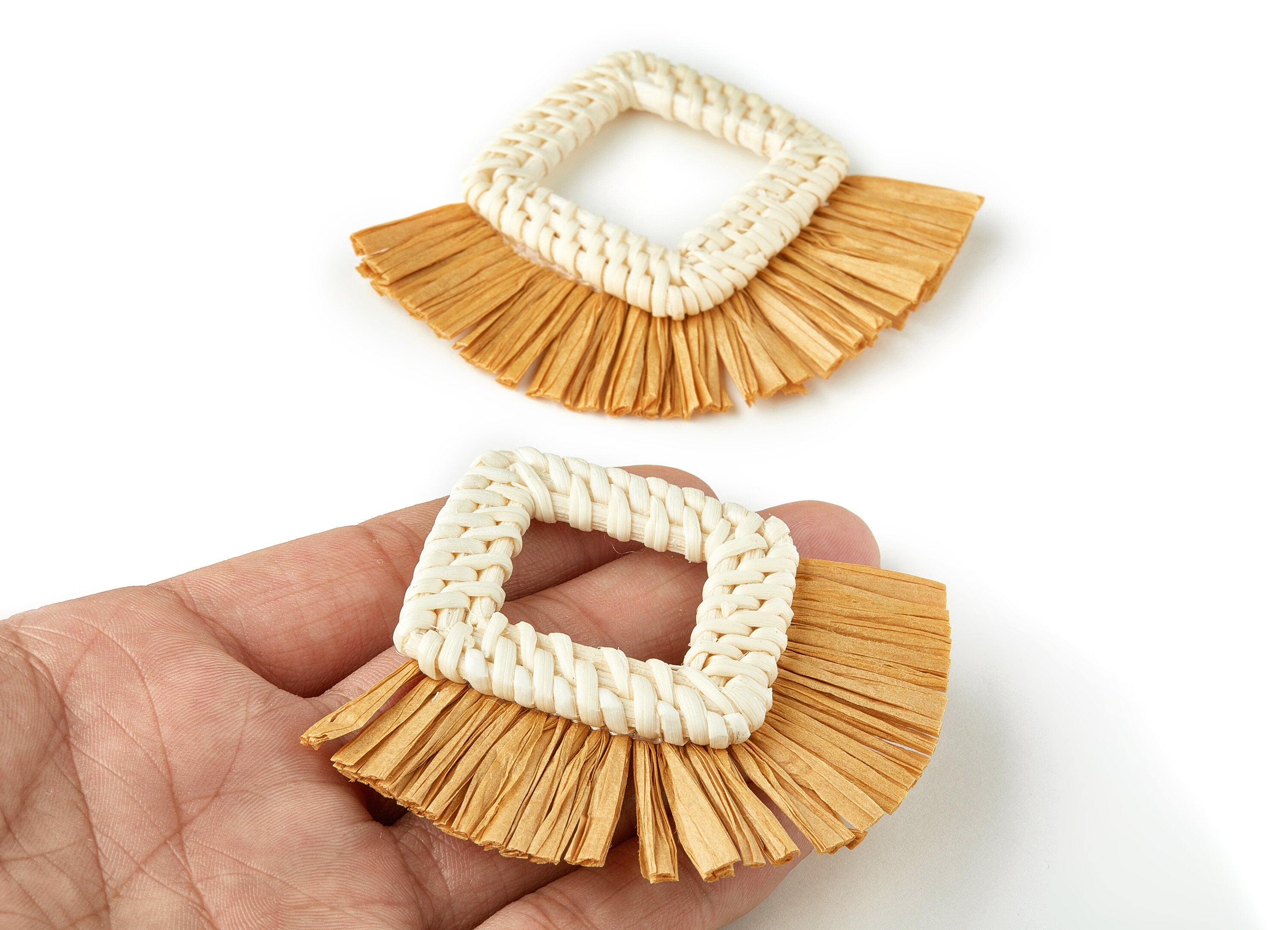Handwoven Rattan with Raffia Tassels Charms - Square Earrings and Pendant With Fan Tassels - Woven Earrings - 88.47x68.78x6.17mm - RT1202 - DOMEDBAZAAR