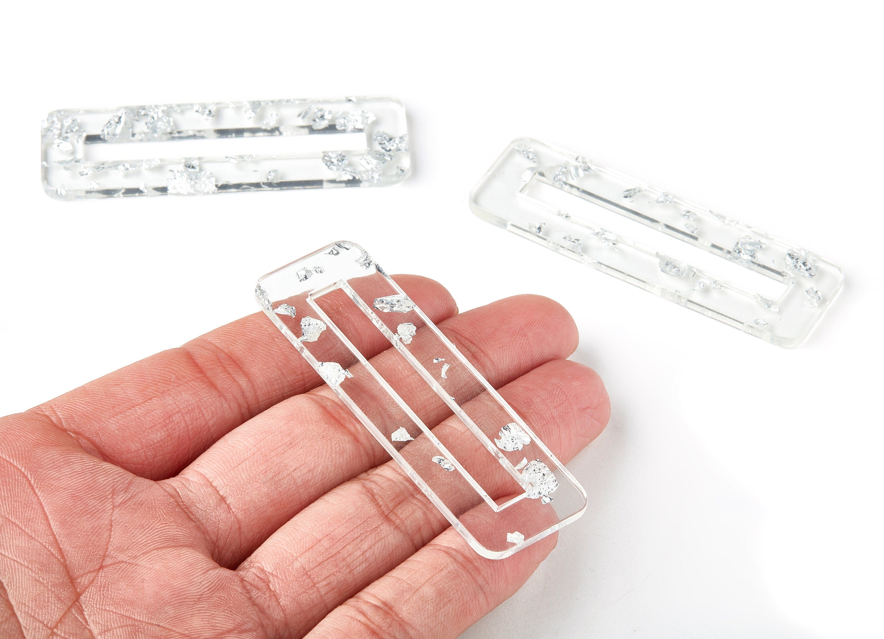 Acetate Hair Clip Charms - Silver Foil & Confetti - Rectangle Hair Barrette - Color Code: A254 - 67.8x21.7x2.5mm - AC1547-A254 - DOMEDBAZAAR
