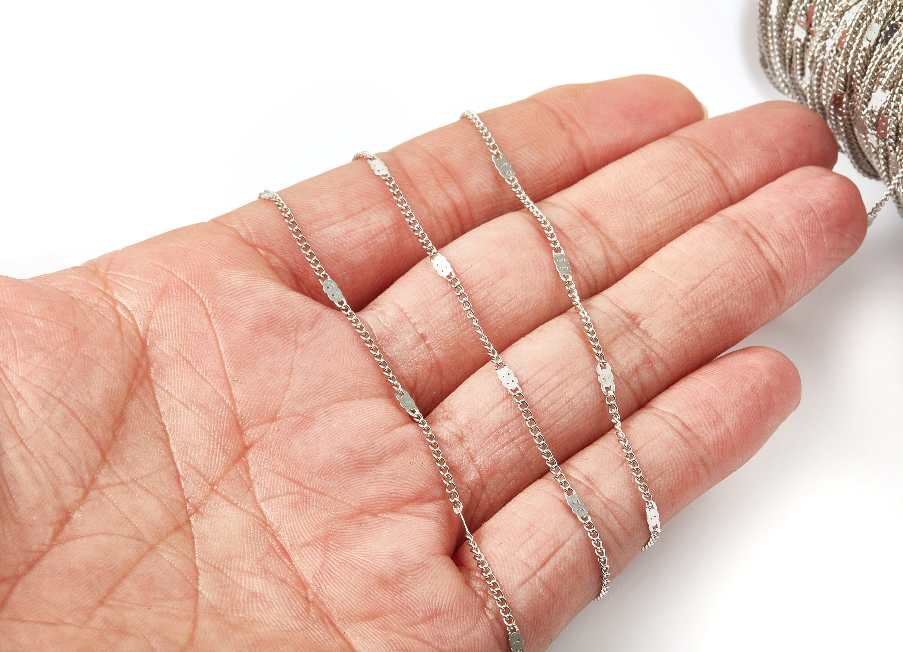 Hammered Satellite Curb Chain - Brass Chain - Silver Tone Plated Chain - Soldered Chain - 0.06&quot; x 0.03&quot; x 0.09&quot; - CC1102S - DOMEDBAZAAR