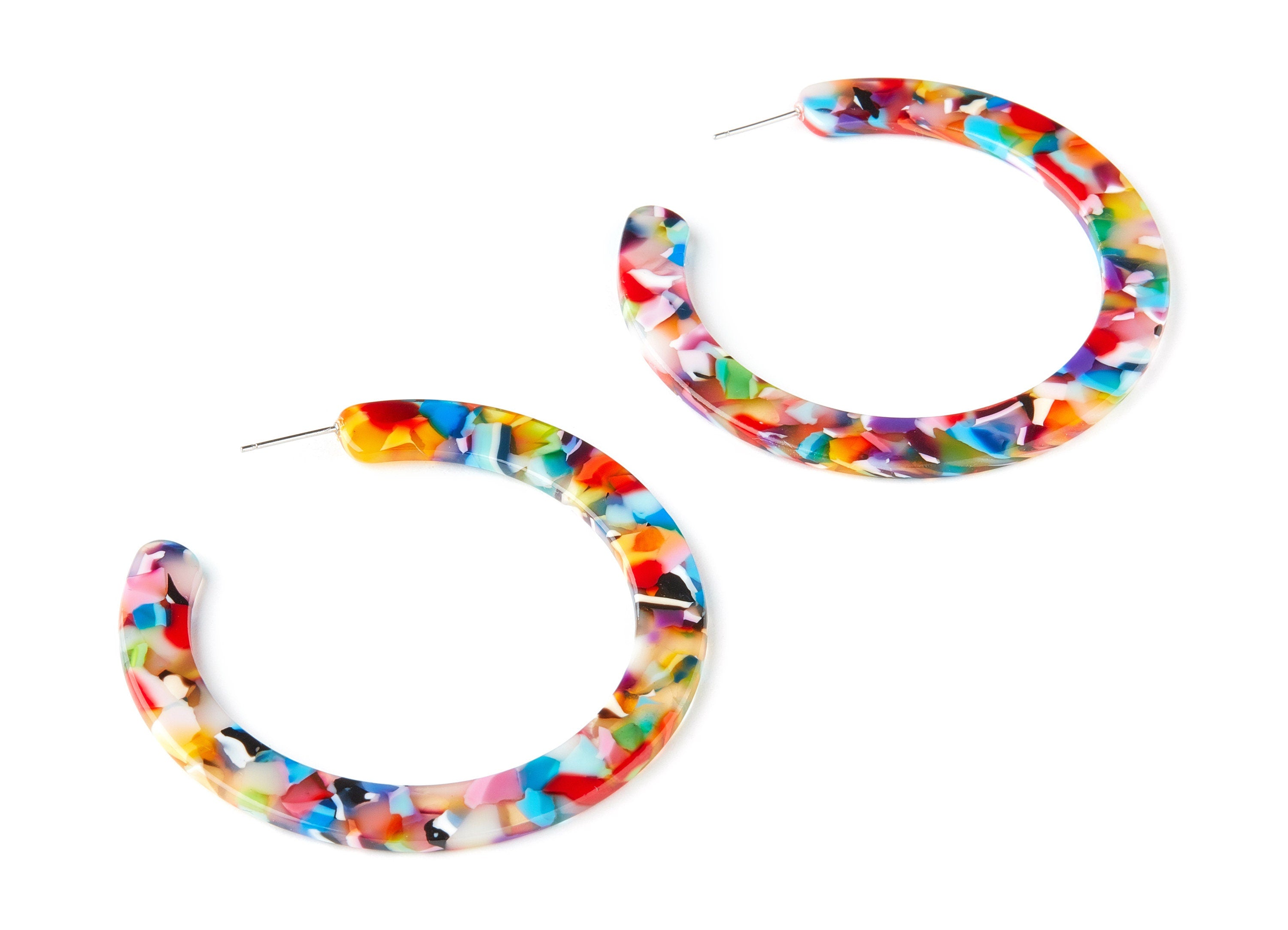 Open Hoop Earrings Stud - 2.5 inch Hoop Earring - Rainbow Acetate Round Earring Post Open Circle - Color Code:A21 - 63.5x2.48mm - AC1572-A21 - DOMEDBAZAAR