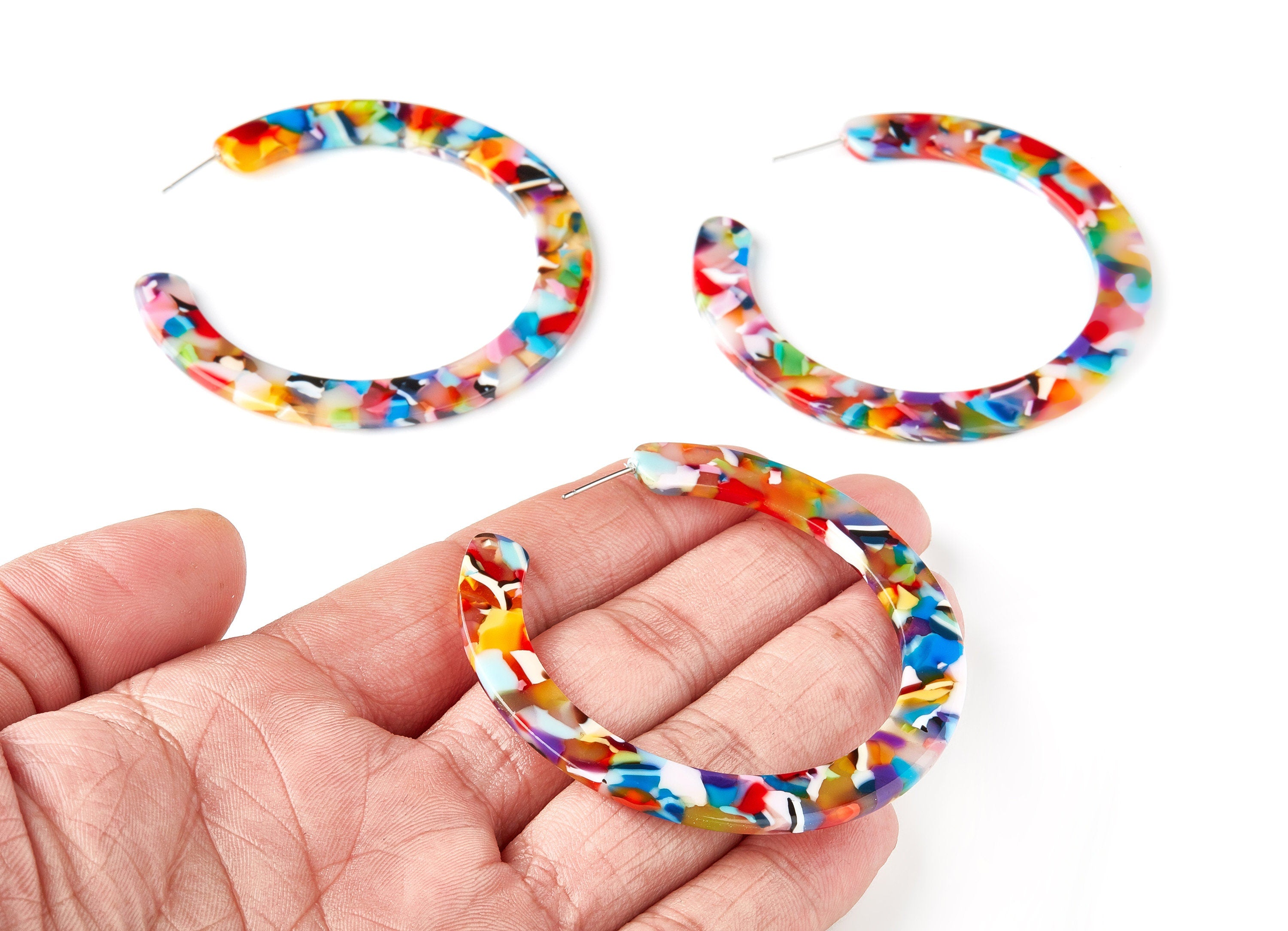 Open Hoop Earrings Stud - 2.5 inch Hoop Earring - Rainbow Acetate Round Earring Post Open Circle - Color Code:A21 - 63.5x2.48mm - AC1572-A21 - DOMEDBAZAAR