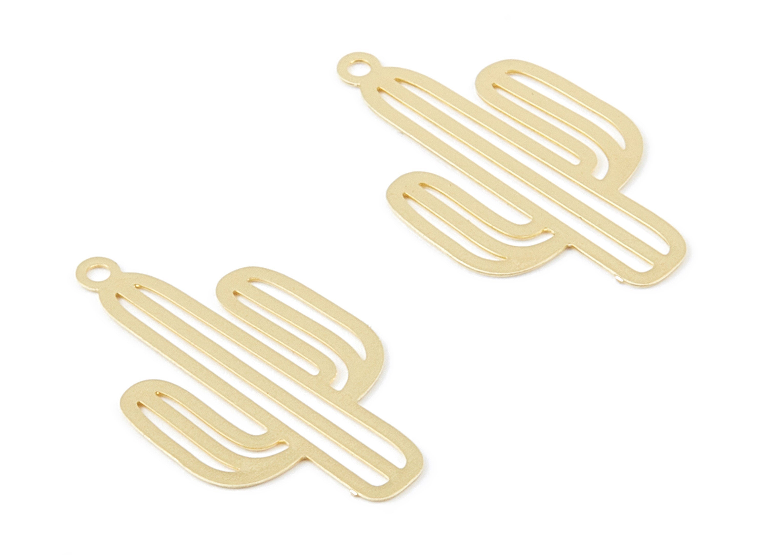 Brass Cactus Shaped Earring Charms - Gold Tone Plated Hallow Pendant - Jewelry Supplies - 22.1x12.87x0.33mm - JJC10094 - DOMEDBAZAAR