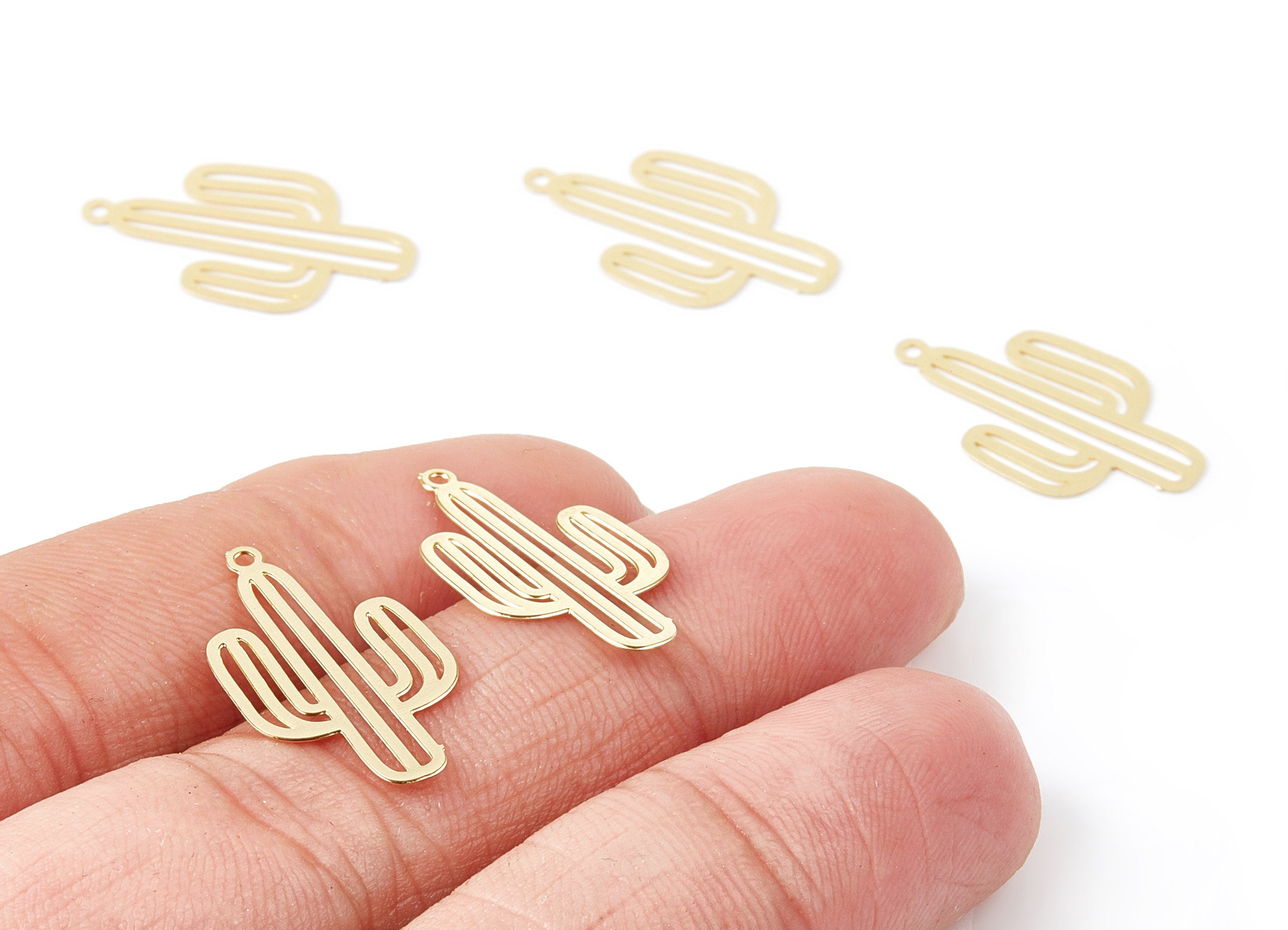 Brass Cactus Shaped Earring Charms - Gold Tone Plated Hallow Pendant - Jewelry Supplies - 22.1x12.87x0.33mm - JJC10094 - DOMEDBAZAAR