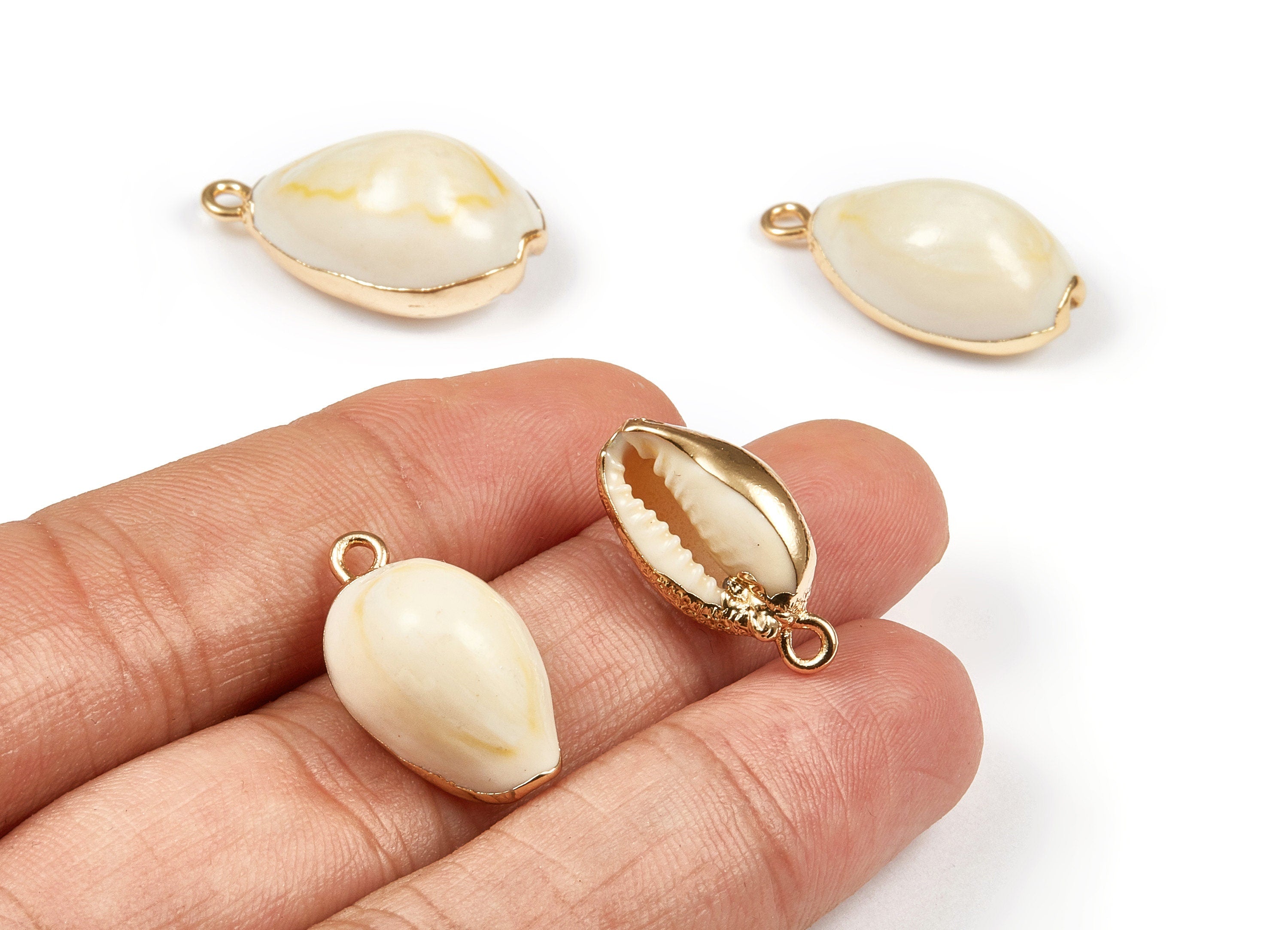 Cowrie Seashell Charms - Mussel Shell Earrings and Pendant - Gold Tone Plated Earrings - 1 Hole - 23.58x13.15x8.87mm - SF1038 - DOMEDBAZAAR