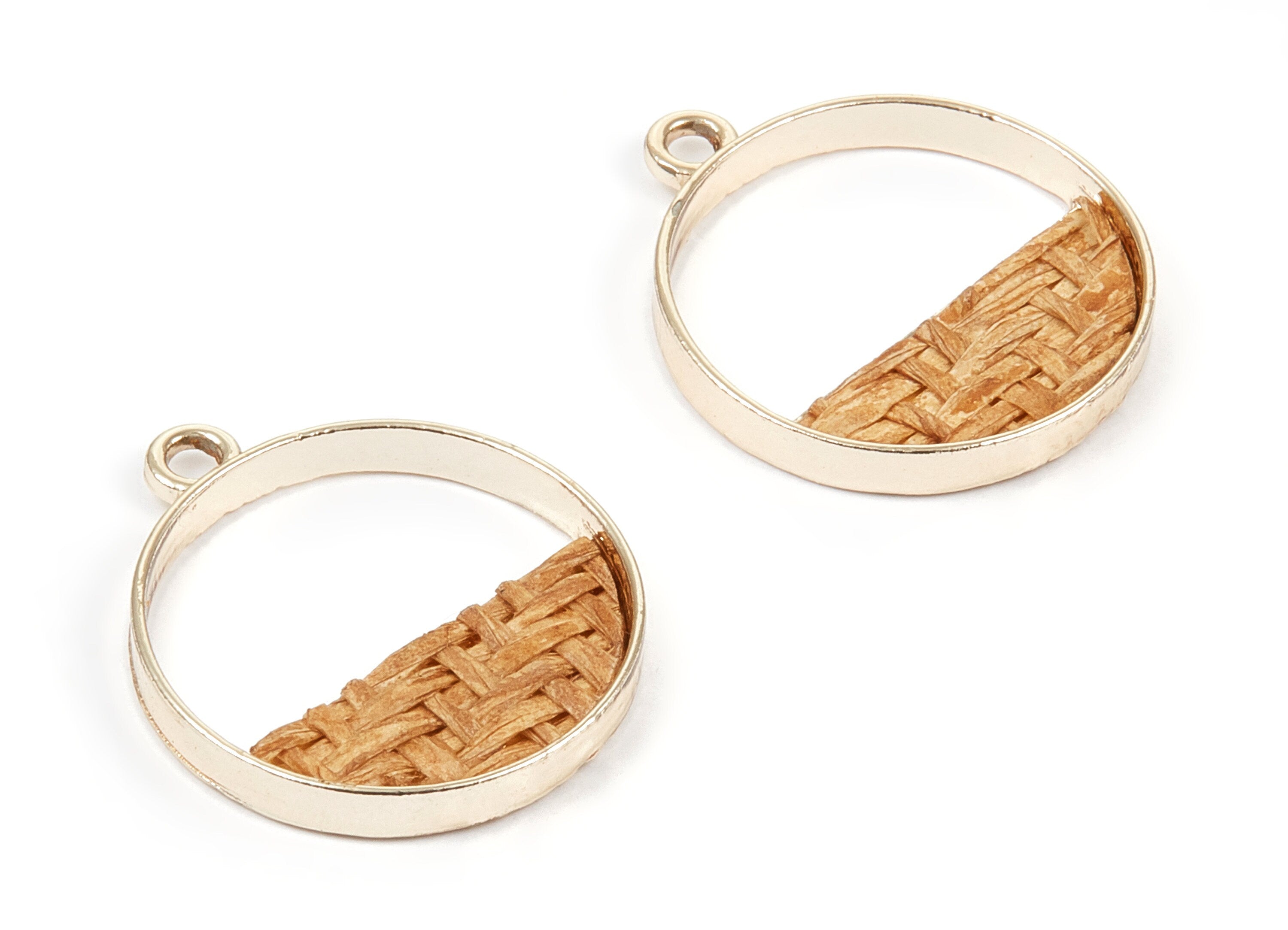 Handwoven Circle Rattan Charms - Alloy Circle Earrings and Pendant - Gold Tone Plated - 27.49x23.48x2.25mm - RT1278 - DOMEDBAZAAR