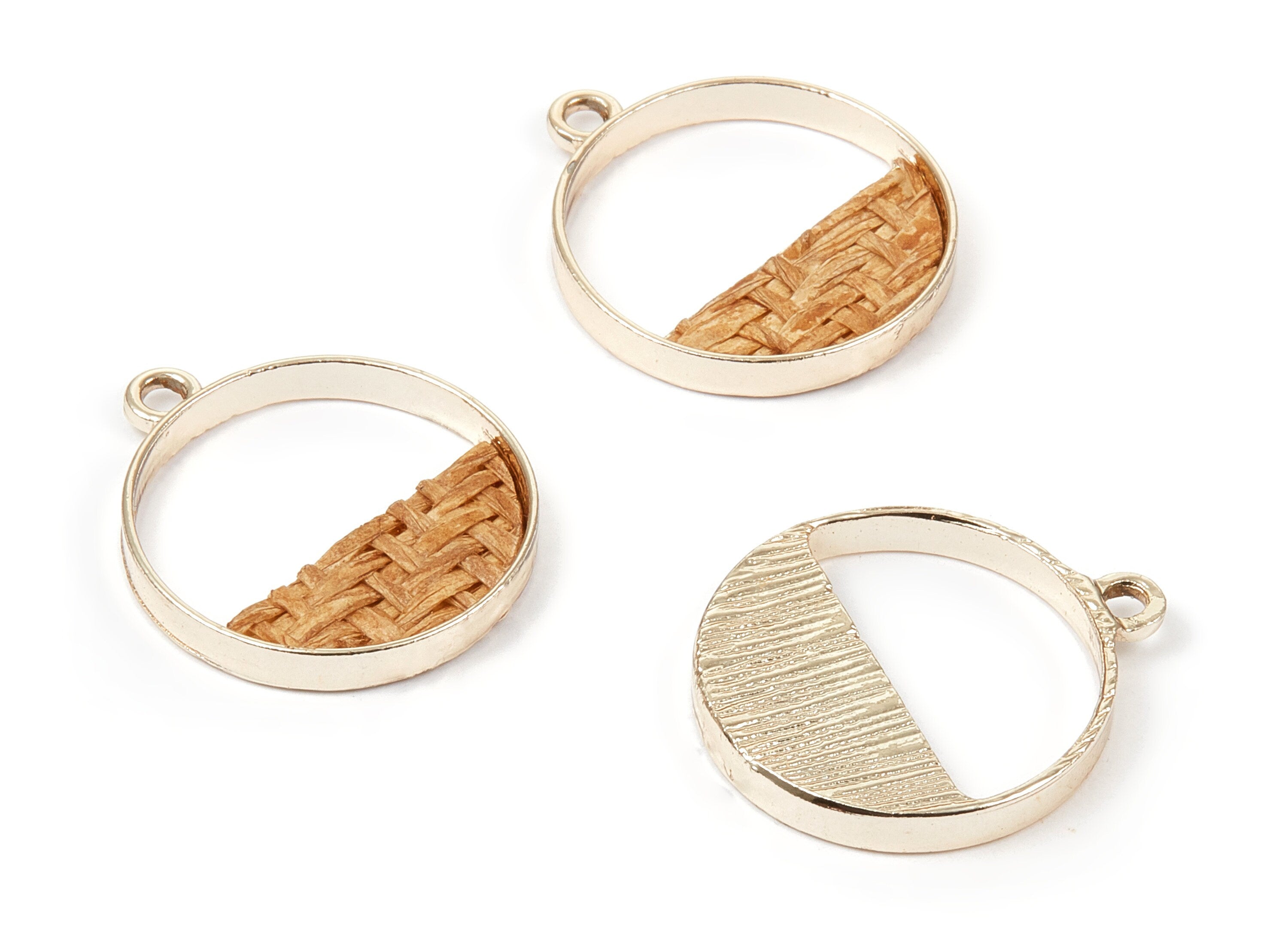Handwoven Circle Rattan Charms - Alloy Circle Earrings and Pendant - Gold Tone Plated - 27.49x23.48x2.25mm - RT1278 - DOMEDBAZAAR