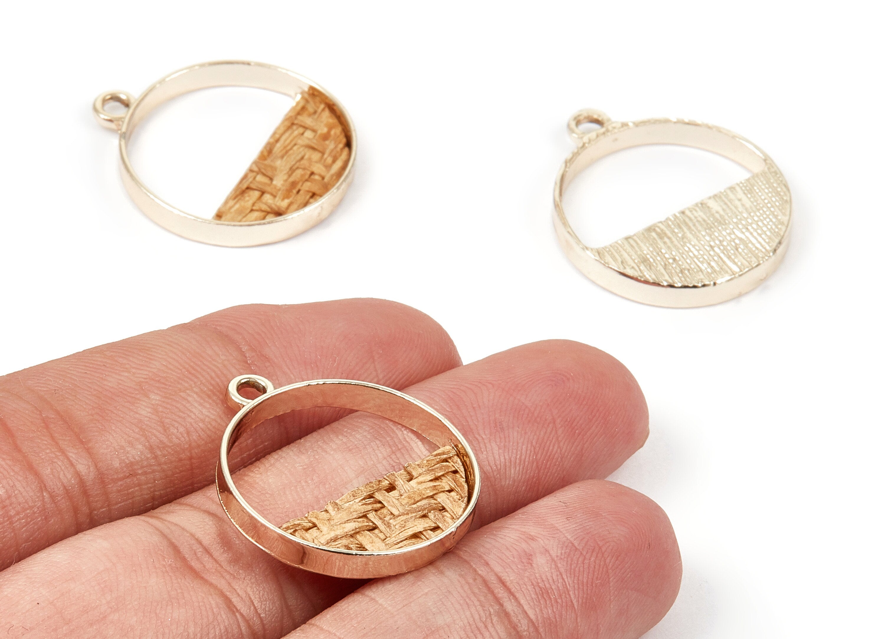 Handwoven Circle Rattan Charms - Alloy Circle Earrings and Pendant - Gold Tone Plated - 27.49x23.48x2.25mm - RT1278 - DOMEDBAZAAR