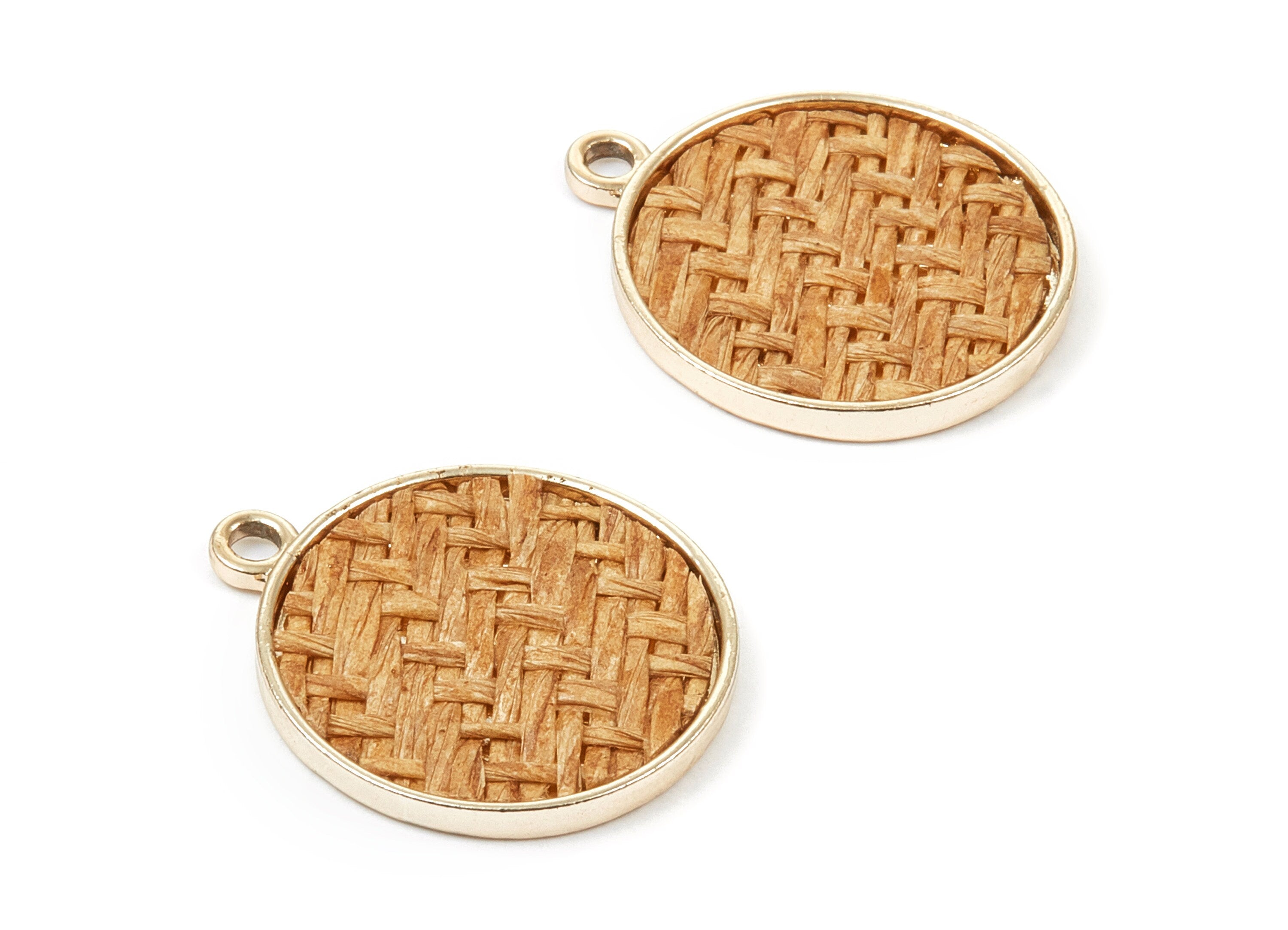 Handwoven Round Rattan Charms - Alloy Round Earrings and Pendant - HandWoven Alloy Earrings - Gold Tone Plated - 27.49x23.48x2.25mm - RT1280 - DOMEDBAZAAR