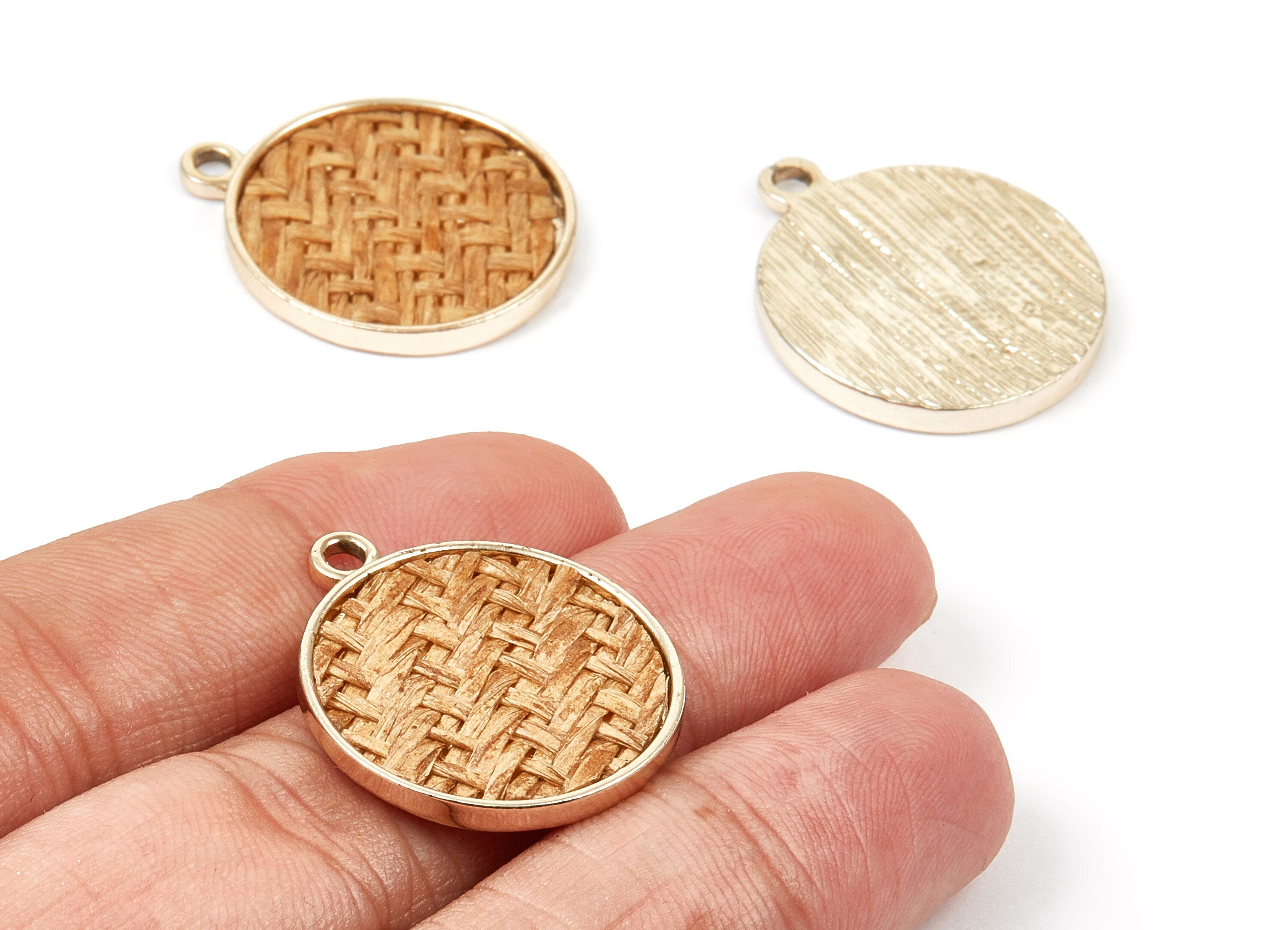 Handwoven Round Rattan Charms - Alloy Round Earrings and Pendant - HandWoven Alloy Earrings - Gold Tone Plated - 27.49x23.48x2.25mm - RT1280 - DOMEDBAZAAR