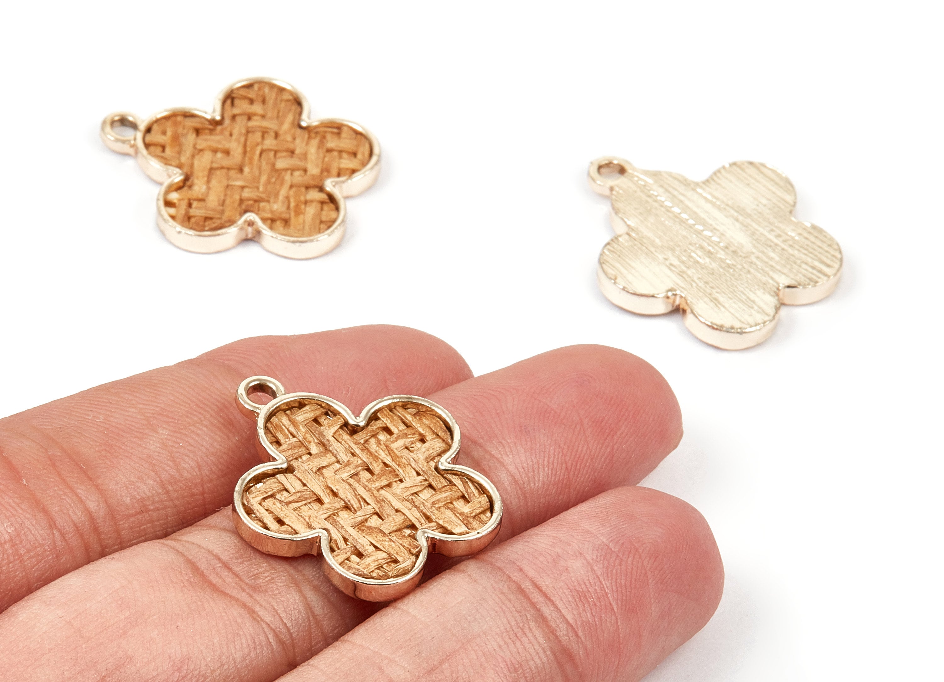 Handwoven Flower Rattan Charm - Alloy Flower Earring and Pendant - Handwoven Alloy Earrings - Gold Tone Plated - 26.76x22.94x2.45mm - RT1291 - DOMEDBAZAAR