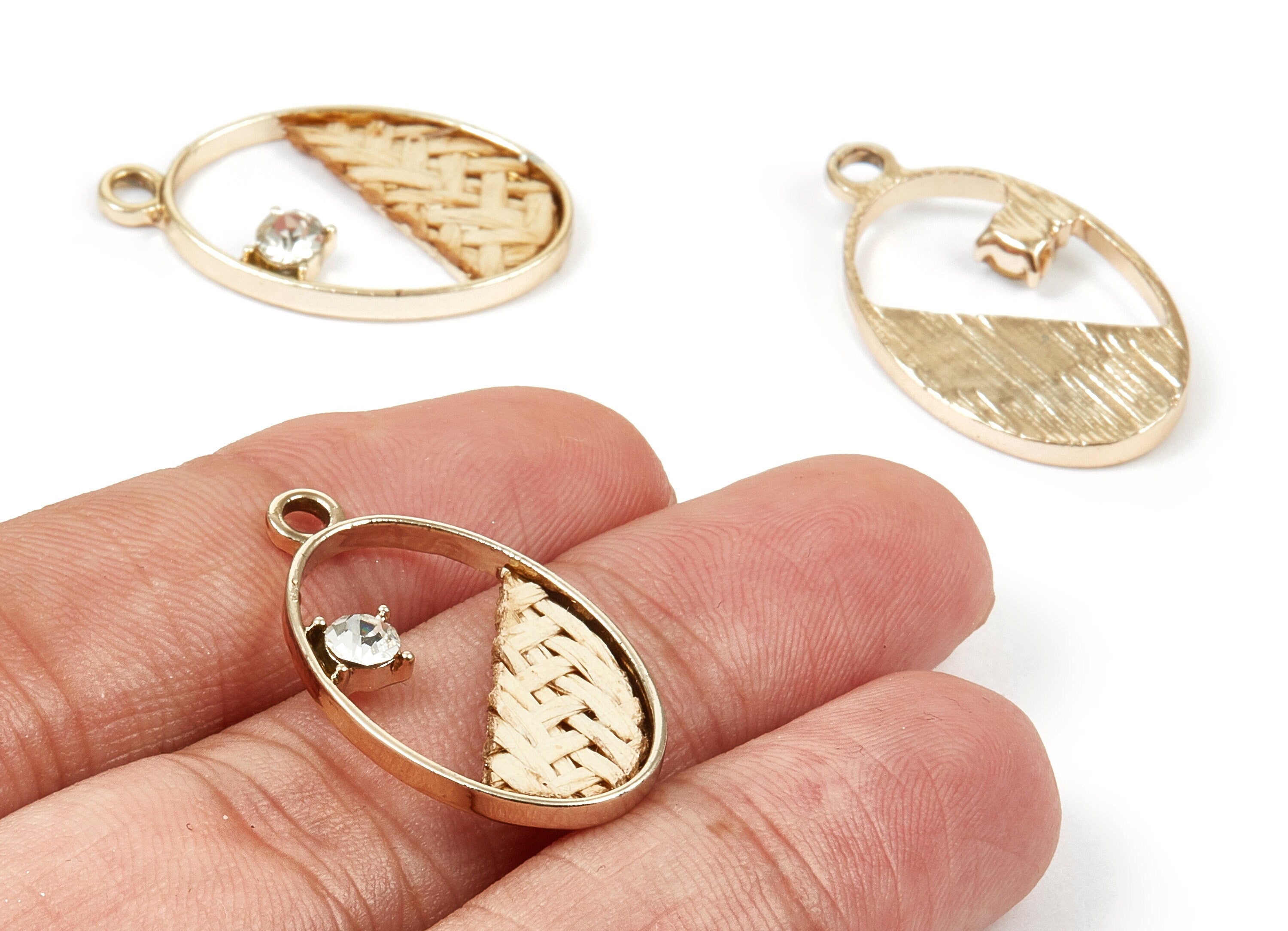 Handwoven Oval Rattan Charms - Alloy Oval Earrings and Pendant - Handwoven Alloy Earrings - Gold Tone Plated - 29.25x17.43x2.27mm - RT1267 - DOMEDBAZAAR
