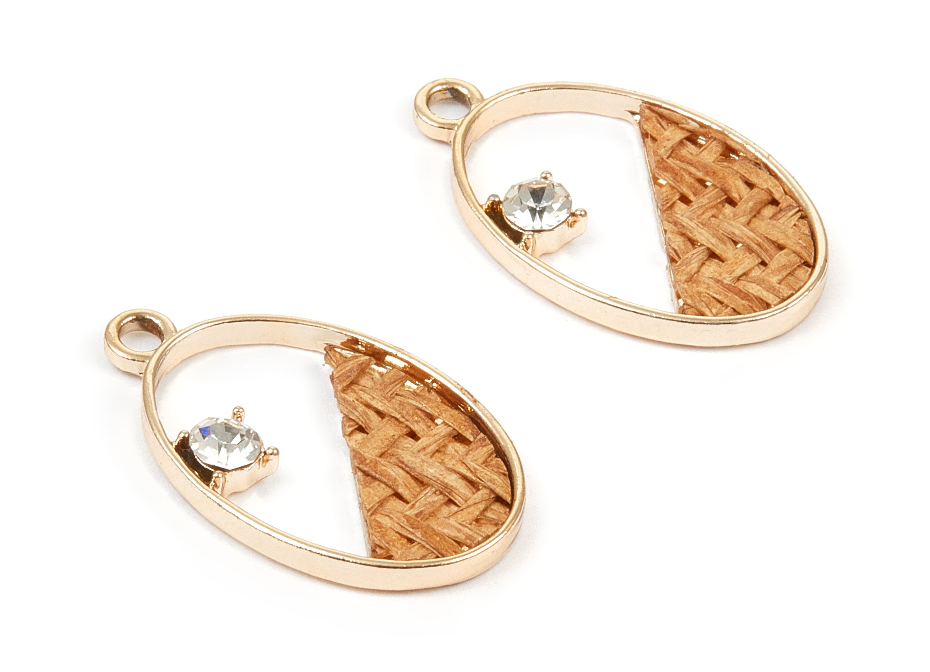Handwoven Oval Rattan Charms - Alloy Oval Earrings and Pendant - Handwoven Alloy Earrings - Gold Tone Plated - 29.25x17.43x2.27mm - RT1268 - DOMEDBAZAAR