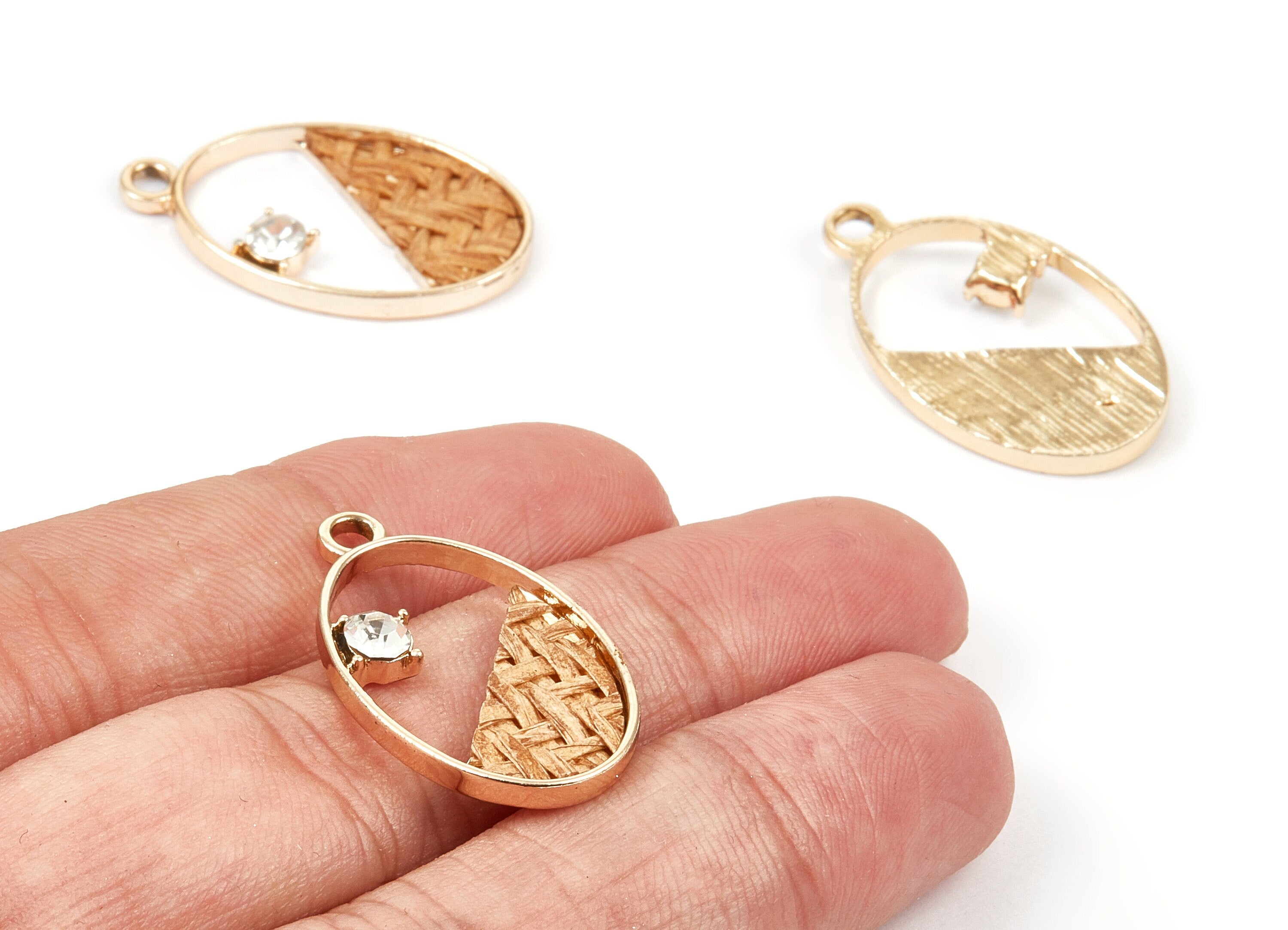 Handwoven Oval Rattan Charms - Alloy Oval Earrings and Pendant - Handwoven Alloy Earrings - Gold Tone Plated - 29.25x17.43x2.27mm - RT1268 - DOMEDBAZAAR