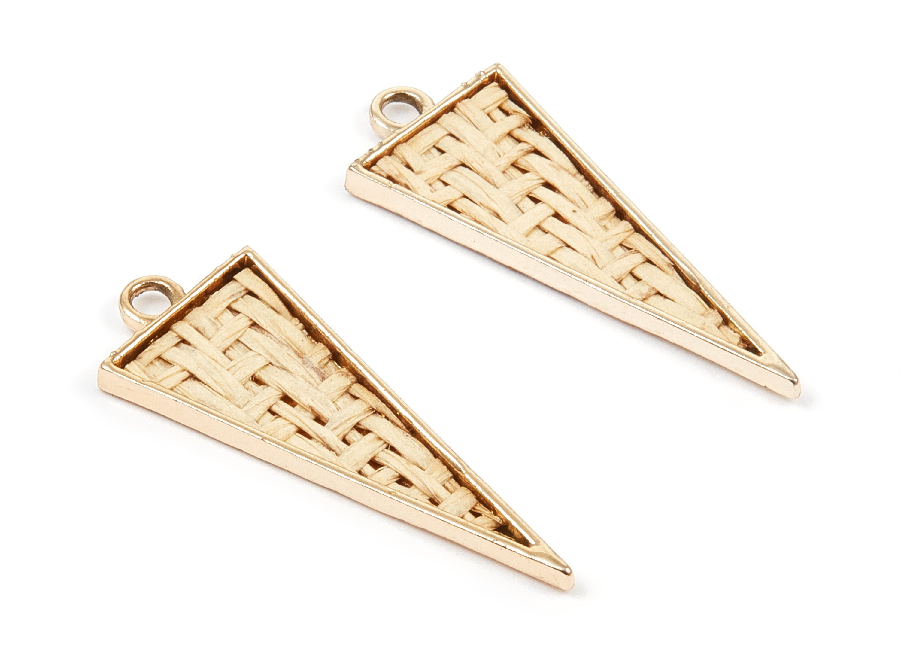 Handwoven Triangle Rattan Charms - Alloy Triangle Earrings and Pendant - Gold Tone Plated - 38.21x14.72x2.51mm - RT1294 - DOMEDBAZAAR