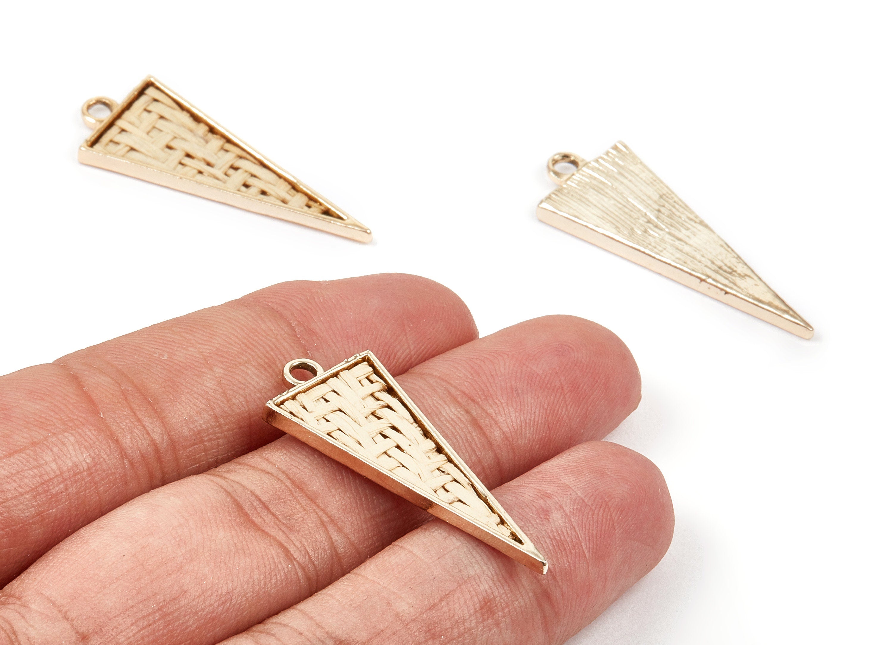 Handwoven Triangle Rattan Charms - Alloy Triangle Earrings and Pendant - Gold Tone Plated - 38.21x14.72x2.51mm - RT1294 - DOMEDBAZAAR