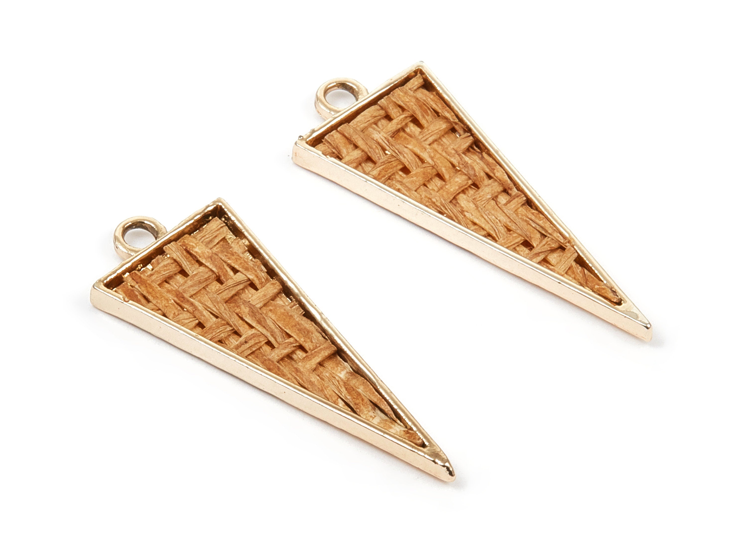 Handwoven Triangle Rattan Charms - Alloy Triangle Earrings and Pendant - Gold Tone Plated - 38.21x14.72x2.51mm - RT1293 - DOMEDBAZAAR