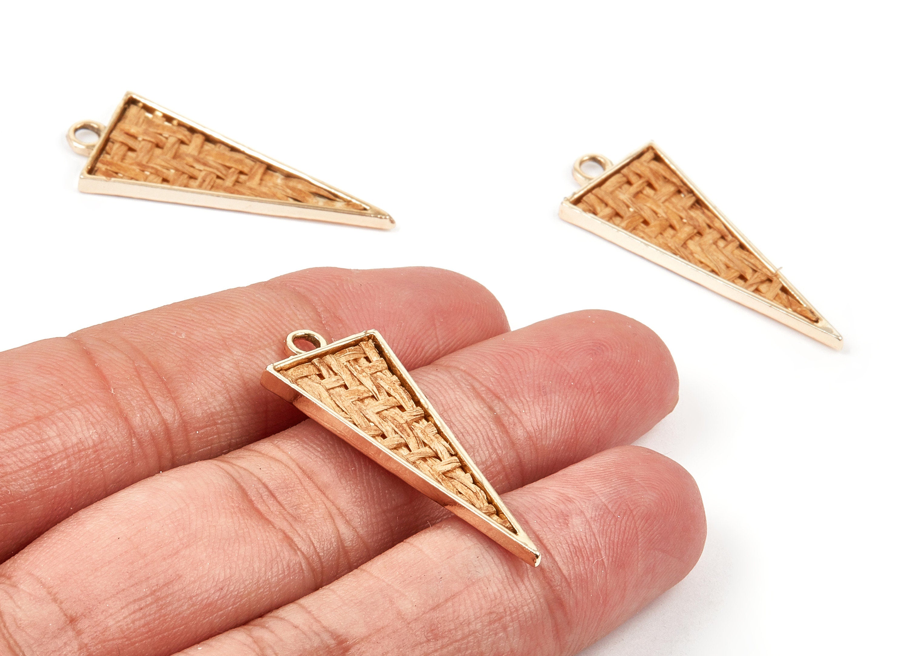 Handwoven Triangle Rattan Charms - Alloy Triangle Earrings and Pendant - Gold Tone Plated - 38.21x14.72x2.51mm - RT1293 - DOMEDBAZAAR