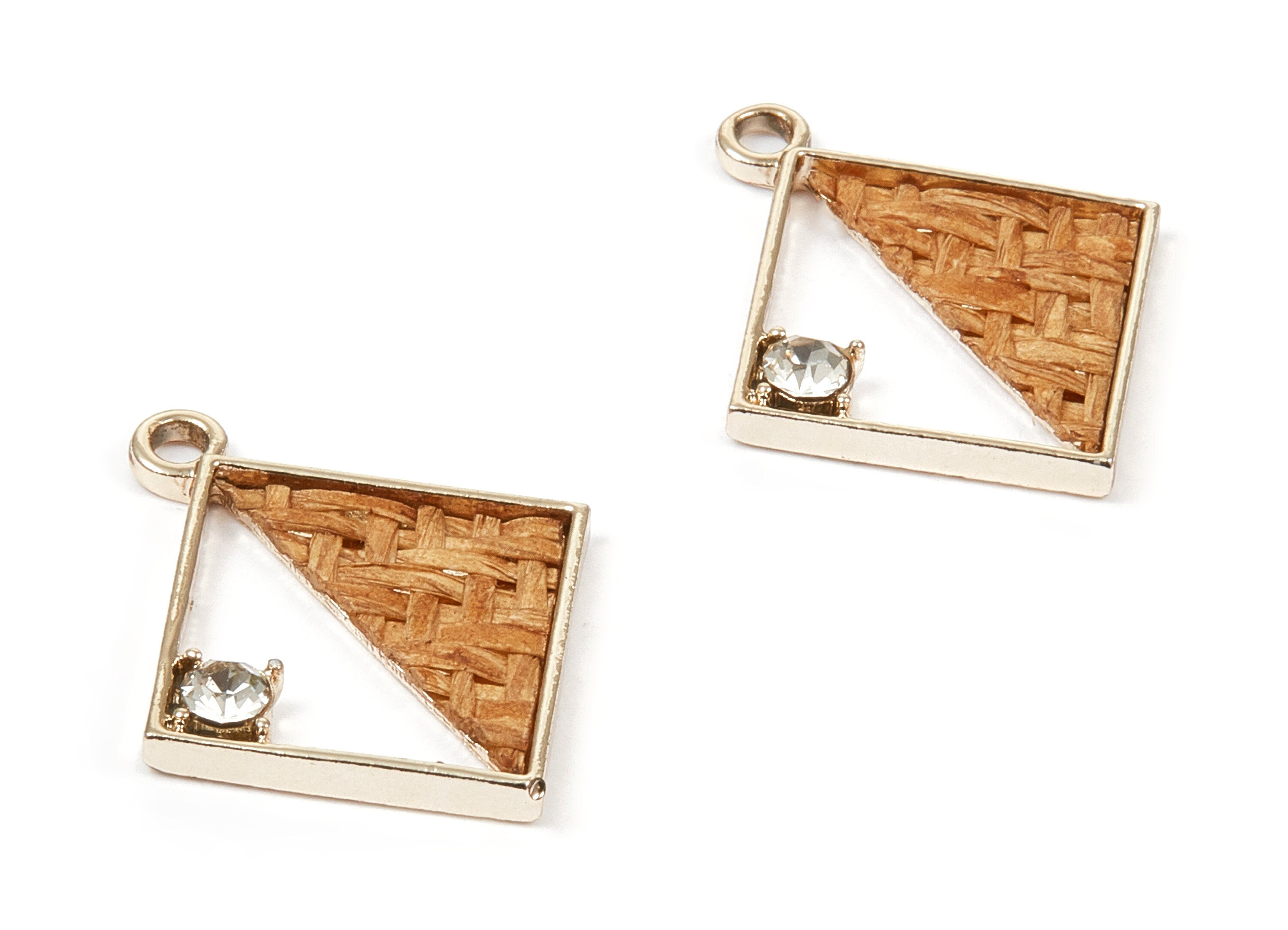 Handwoven Square Rattan Charm - Alloy Square Earrings and Pendant - Handwoven Alloy Earring - Gold Tone Plated - 29096x25.43x2.32mm - RT1289 - DOMEDBAZAAR