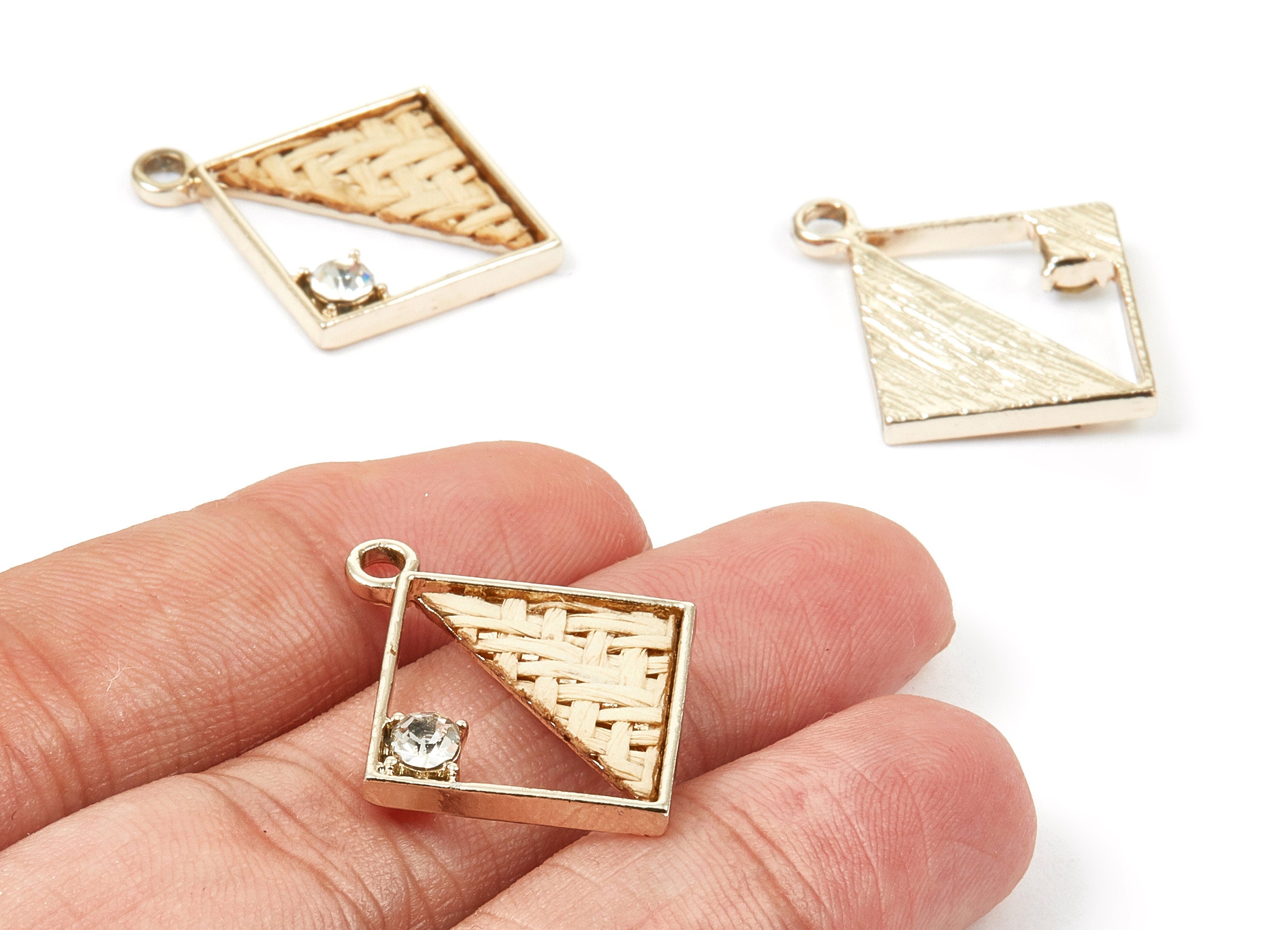 Handwoven Square Rattan Charm - Alloy Square Earrings and Pendant - Handwoven Alloy Earring - Gold Tone Plated - 29.96x25.43x2.32mm - RT1290 - DOMEDBAZAAR
