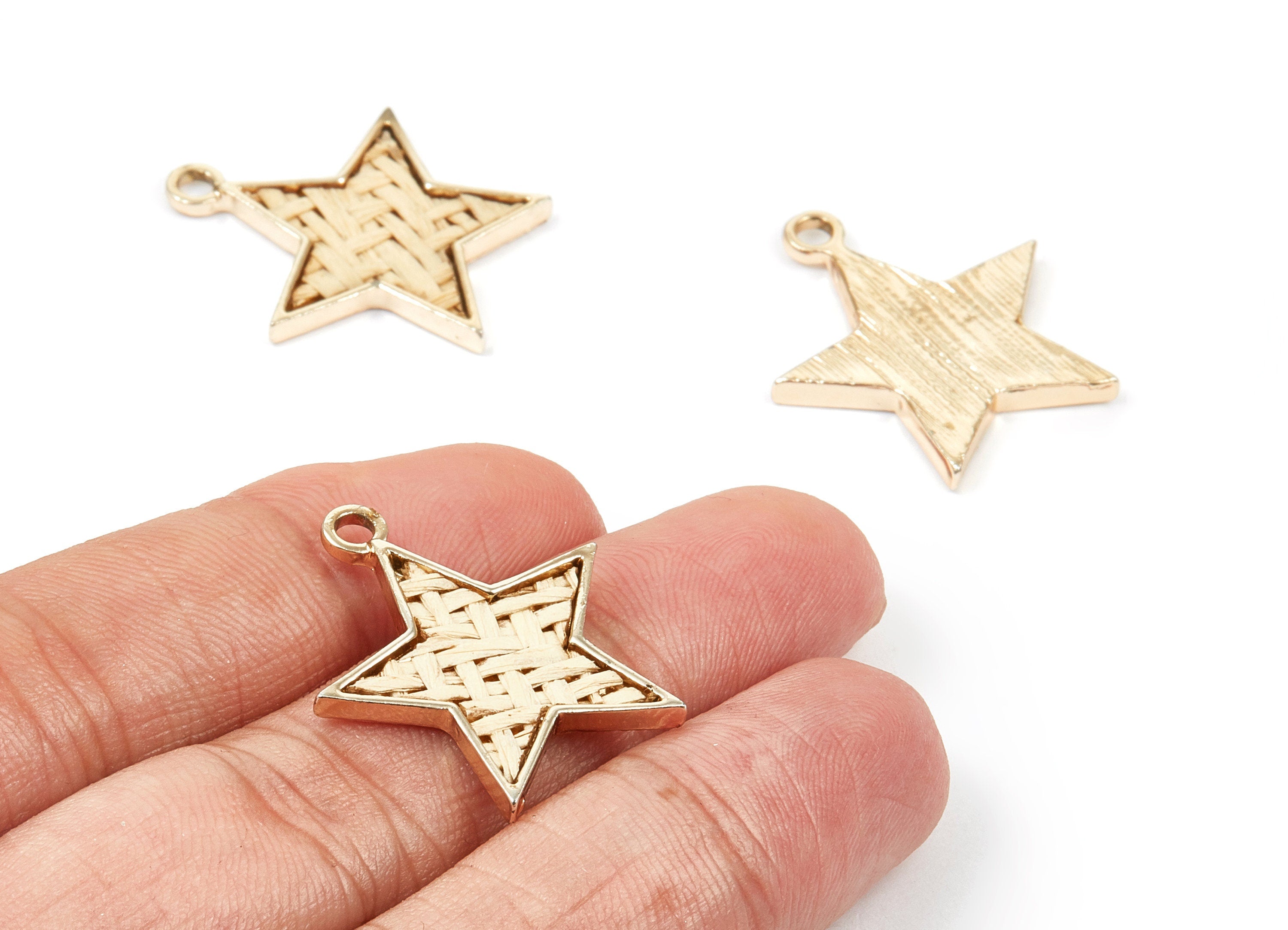 Handwoven Star Rattan Charms - Alloy Star Earrings and Pendant - Handwoven Alloy Earrings - Gold Tone Plated - 27.2x24.4x2.33mm - RT1257 - DOMEDBAZAAR